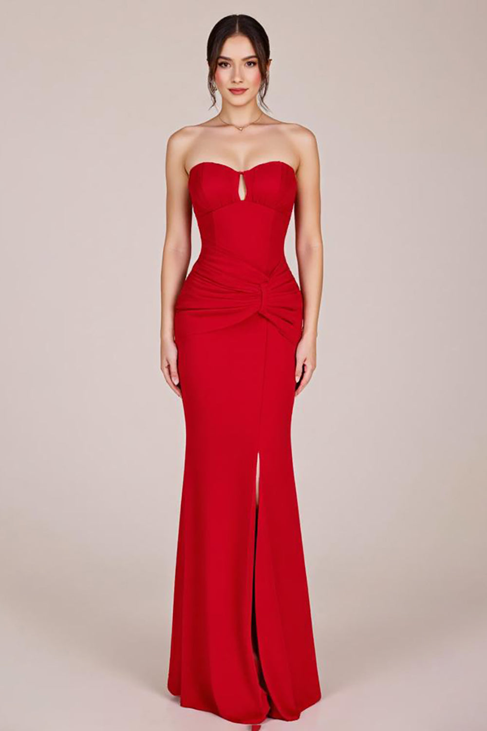 Red Strapless Ruched sheath Long Formal Dress with Slit