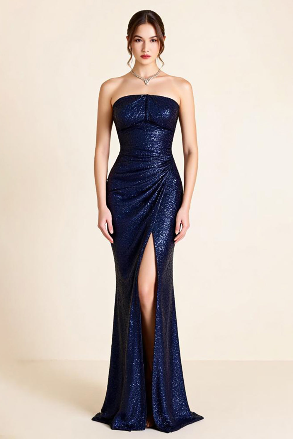Sparkly Navy Sequin Strapless Long Mermaid Formal Dress with Slit