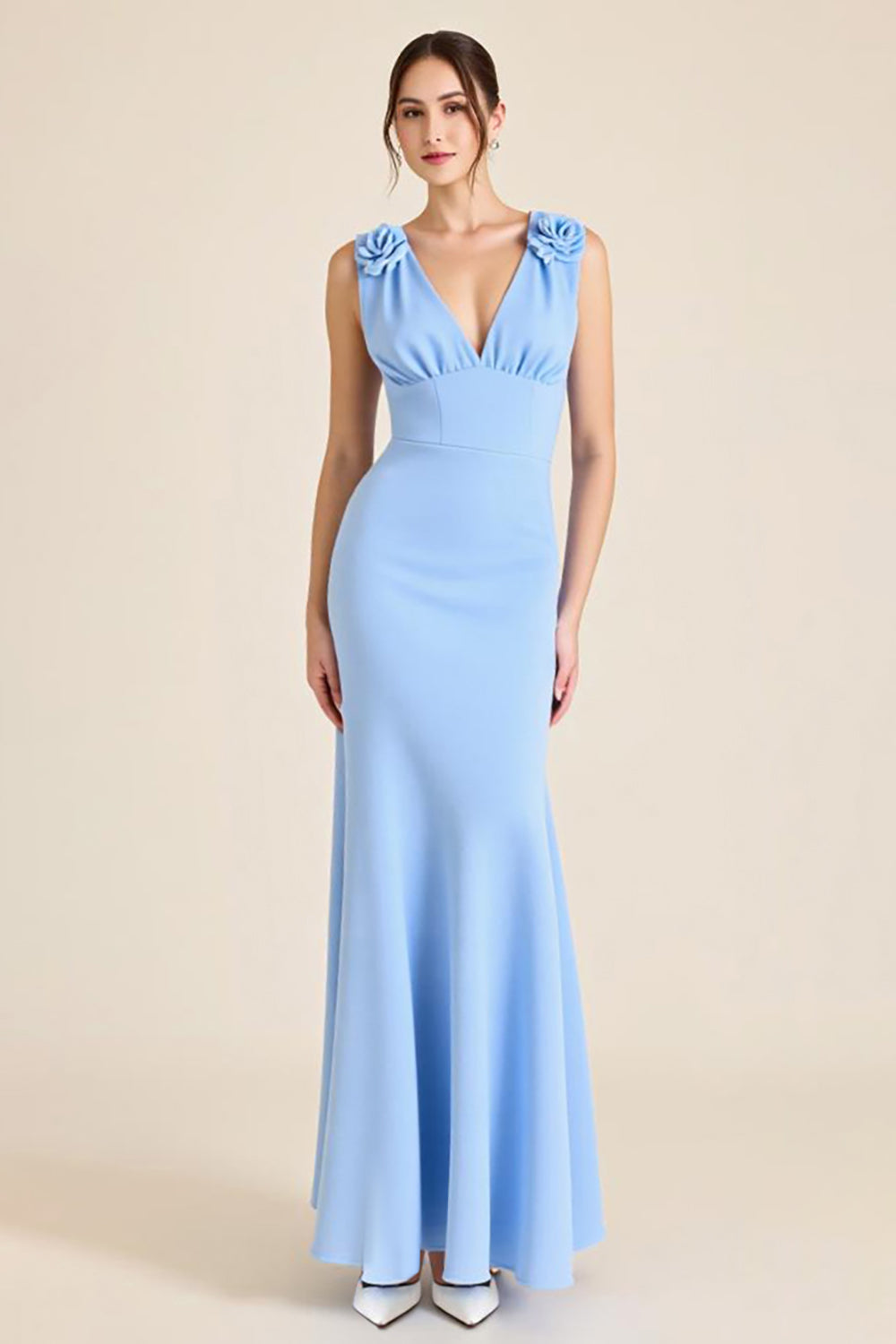 Sky Blue Satin Sheath V Neck Long Formal Dress with Flowers