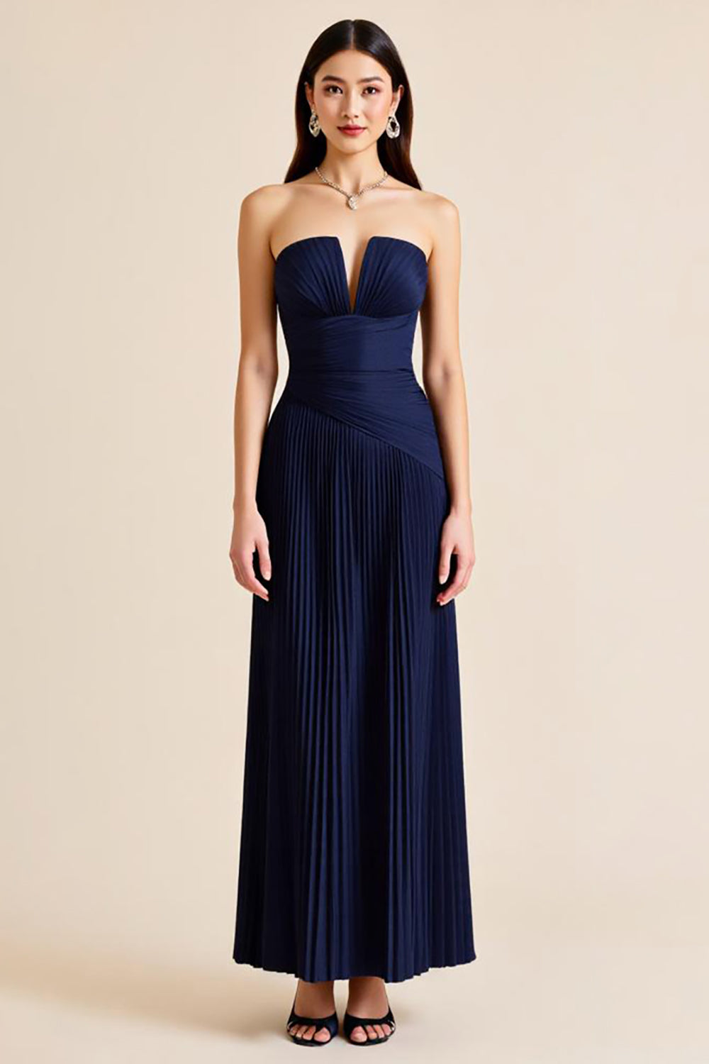 Navy Satin Strapless Long Pleated Sheath Formal Dress