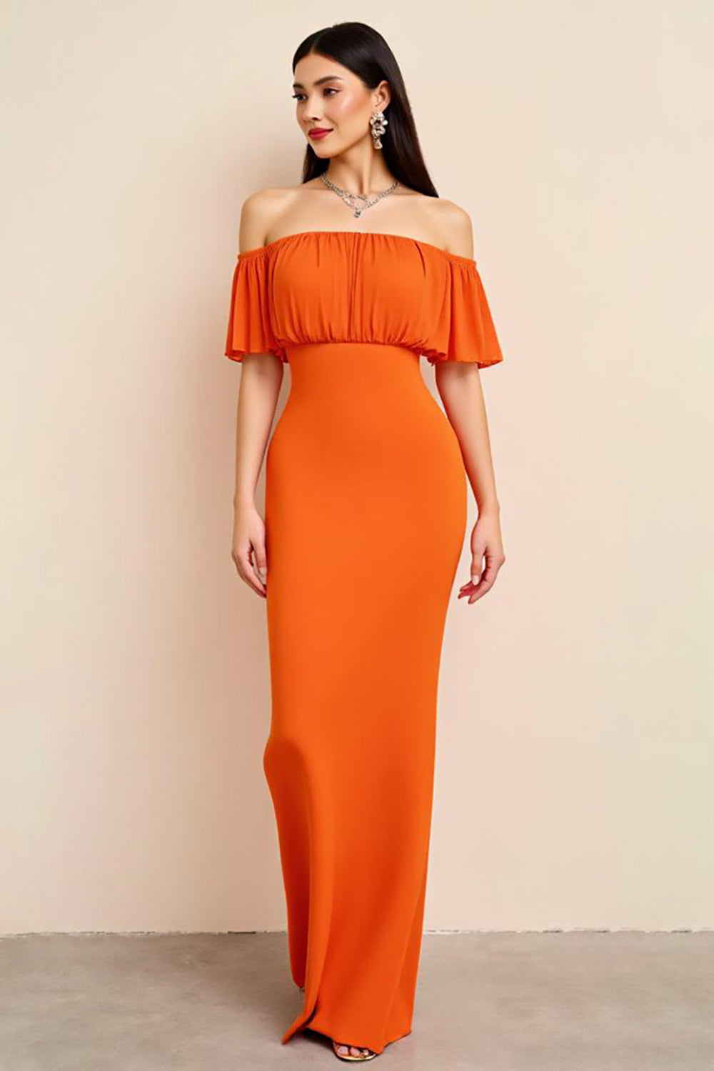 Orange Off the Shoulder Sheath Long Formal Dress