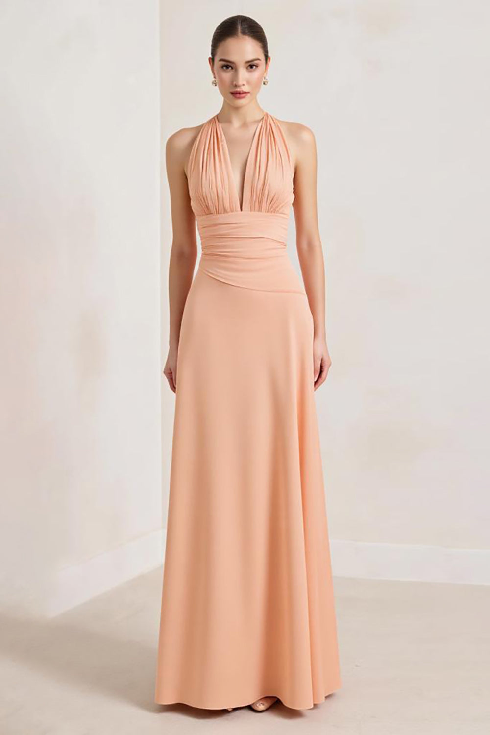 Peach Sheath Chiffon Deep V-Neck Ruched Long Formal Dress