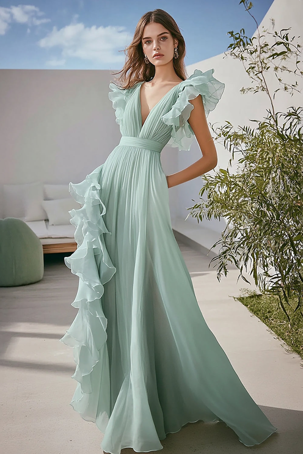 Light Green Chiffon A Line V-Neck Ruffled Long Formal Dress