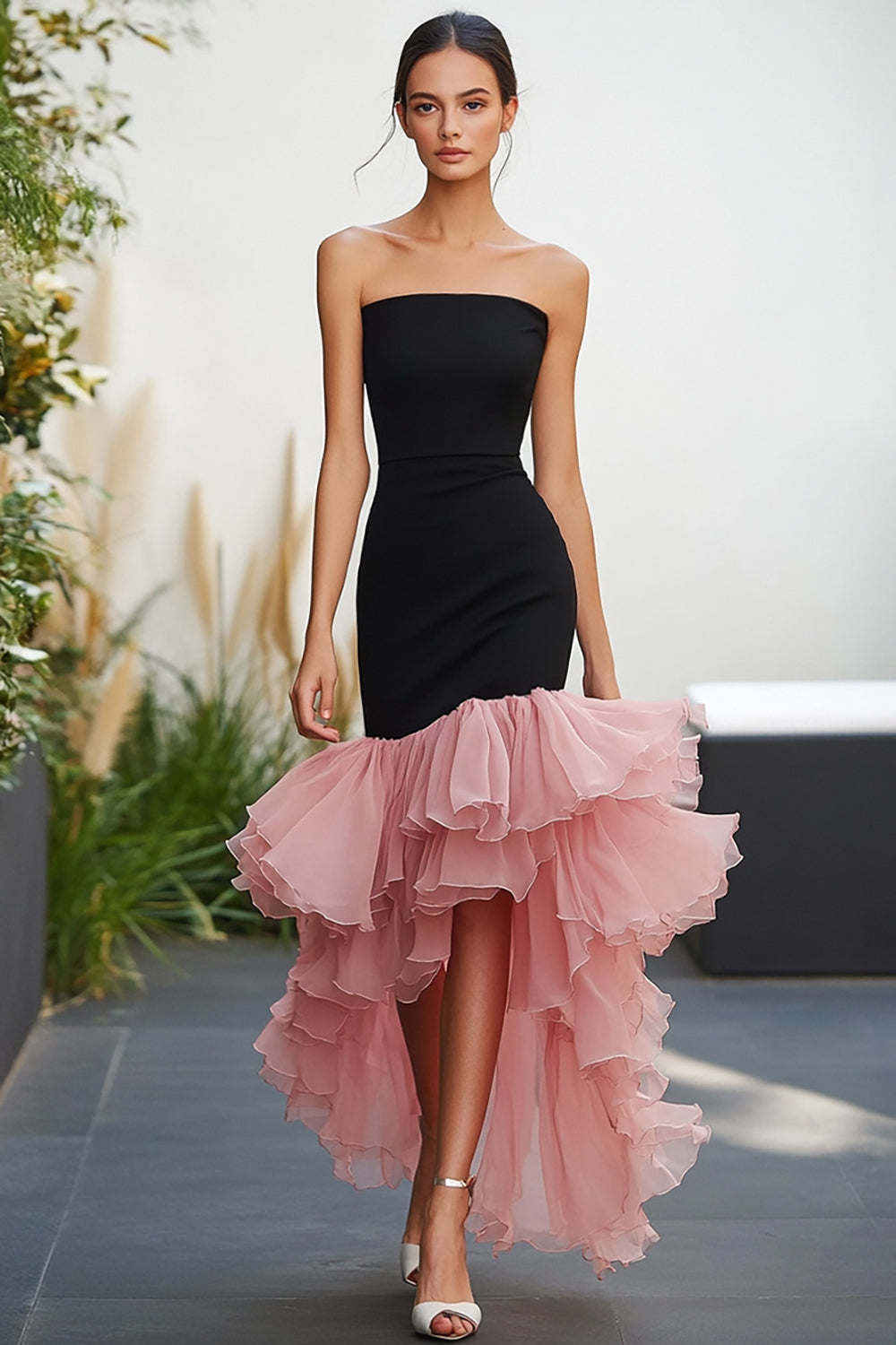 Black Pink Satin Strapless Ruffled Bodycon High-Low Formal Dress