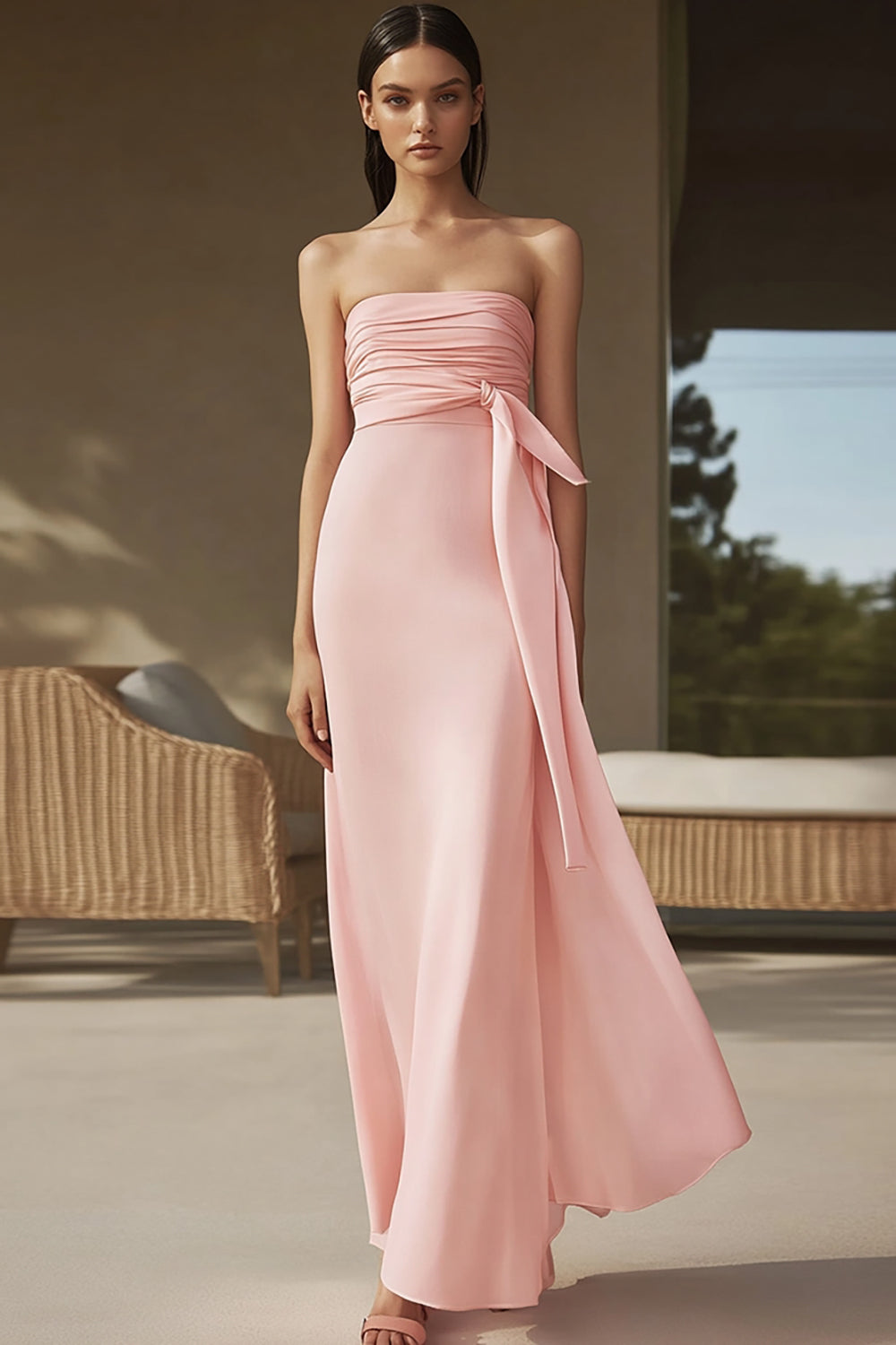 Pink Chiffon Strapless Sheath Ruched Long Formal Dress