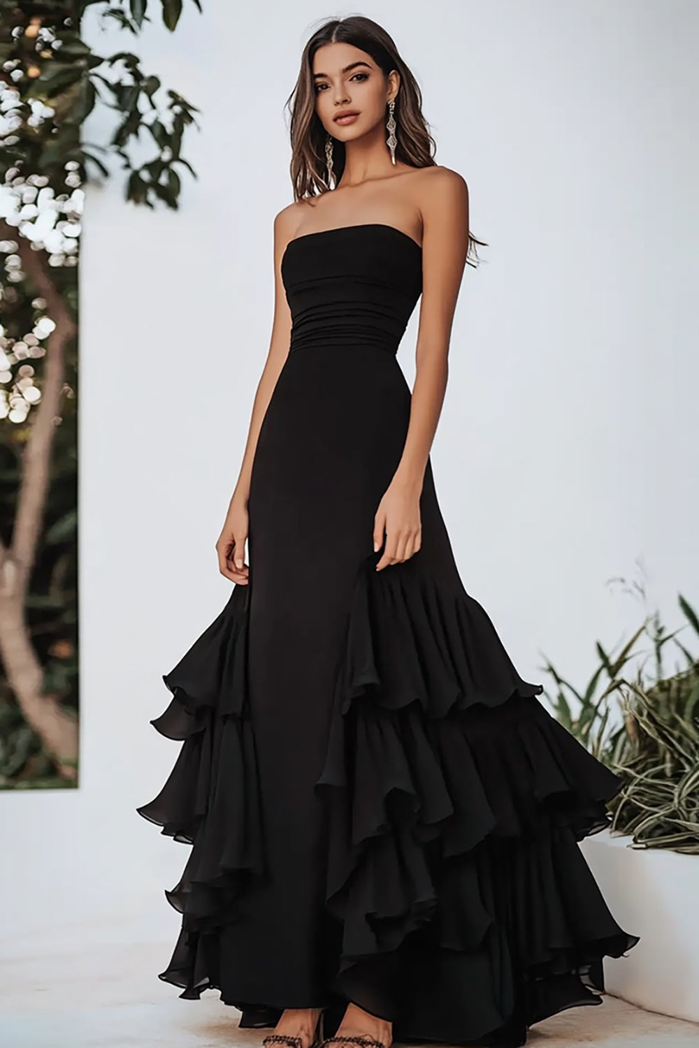 Black Chiffon Strapless A Line Ruffled Long Formal Dress