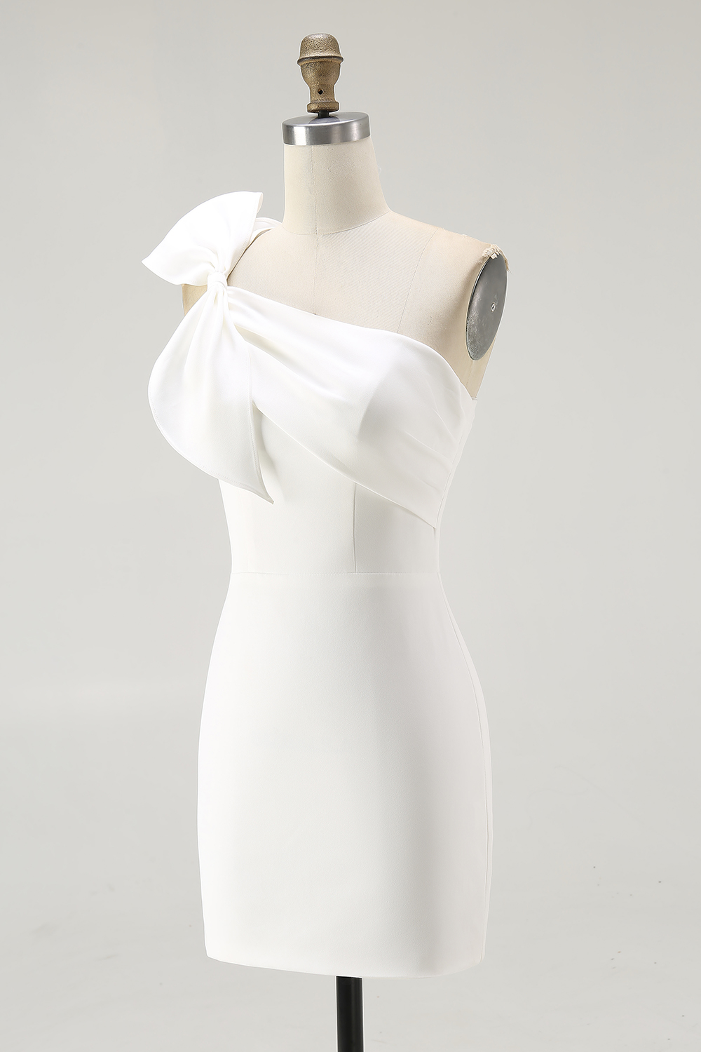 White Satin Bodycon One Shoulder Short Graduation Dress with Bow