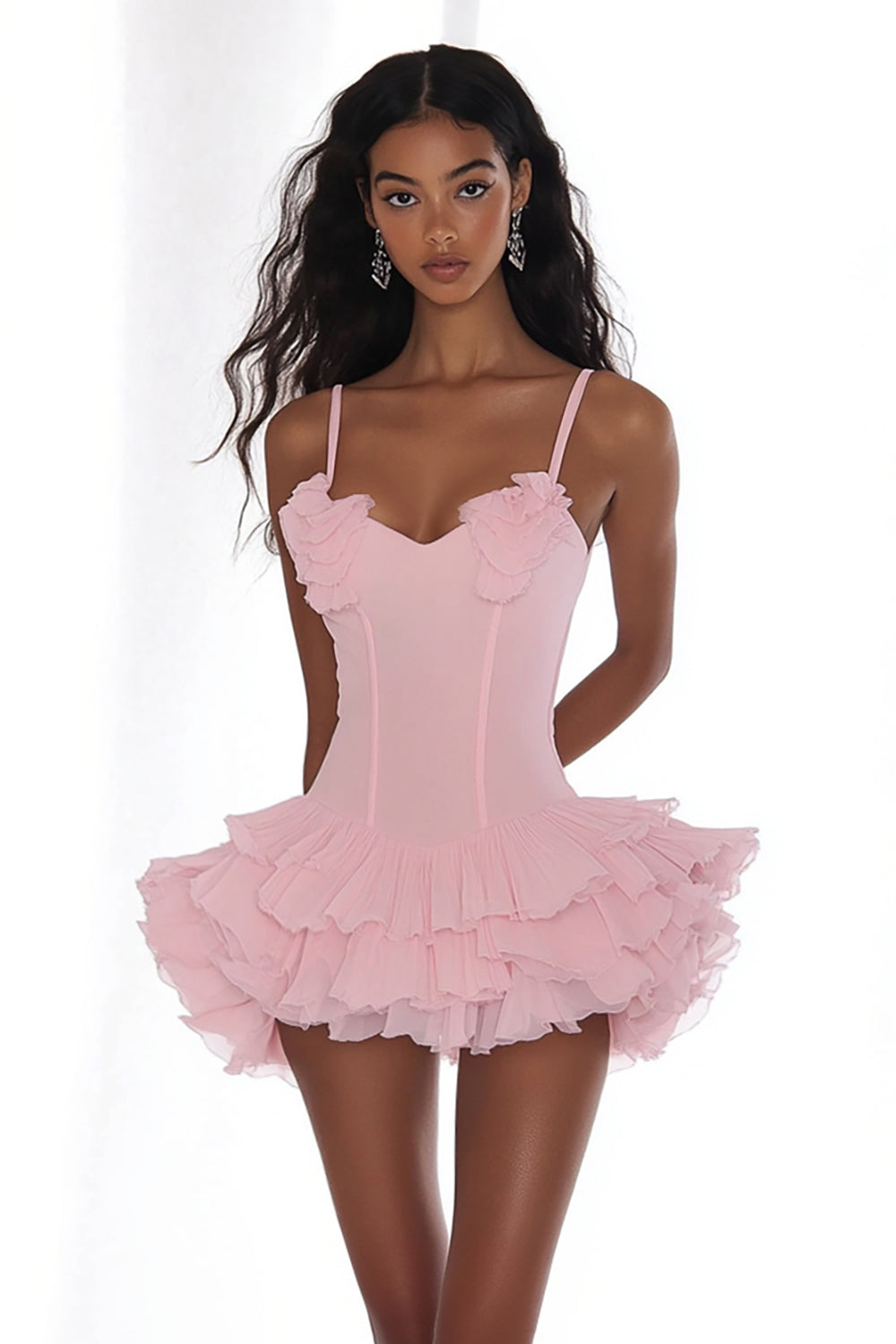 Tulle Pink A Line Spaghetti Straps Homecoming Dress with Ruffles