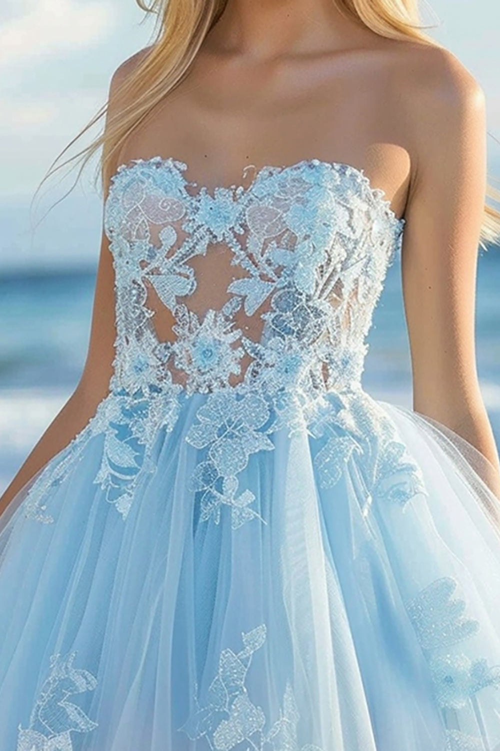 Sky Blue A Line Tulle Strapless Short Hmecoming Dress with Lace
