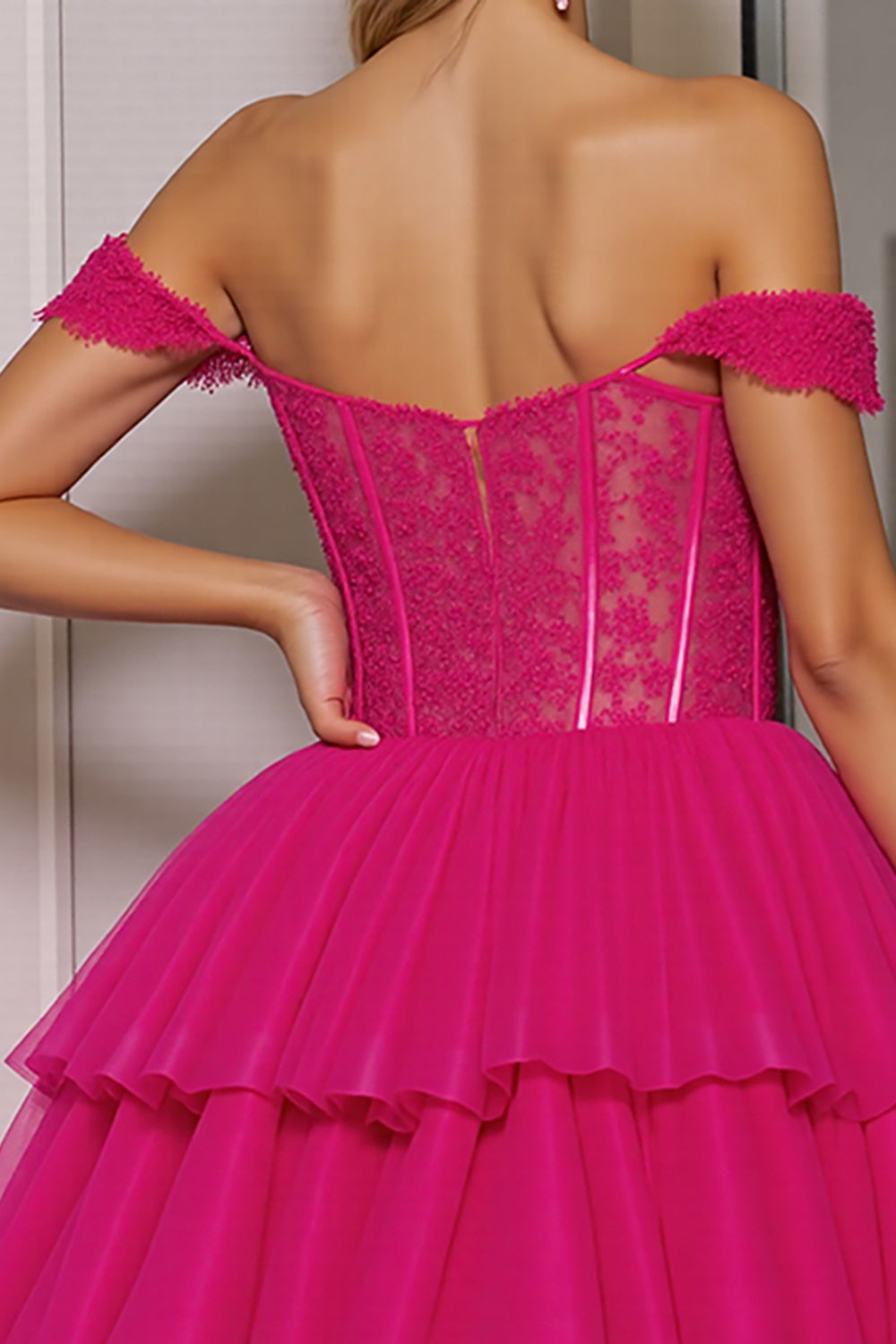 Fuchsia Corset Tulle A Line Short Homecoming Dress with Appliques