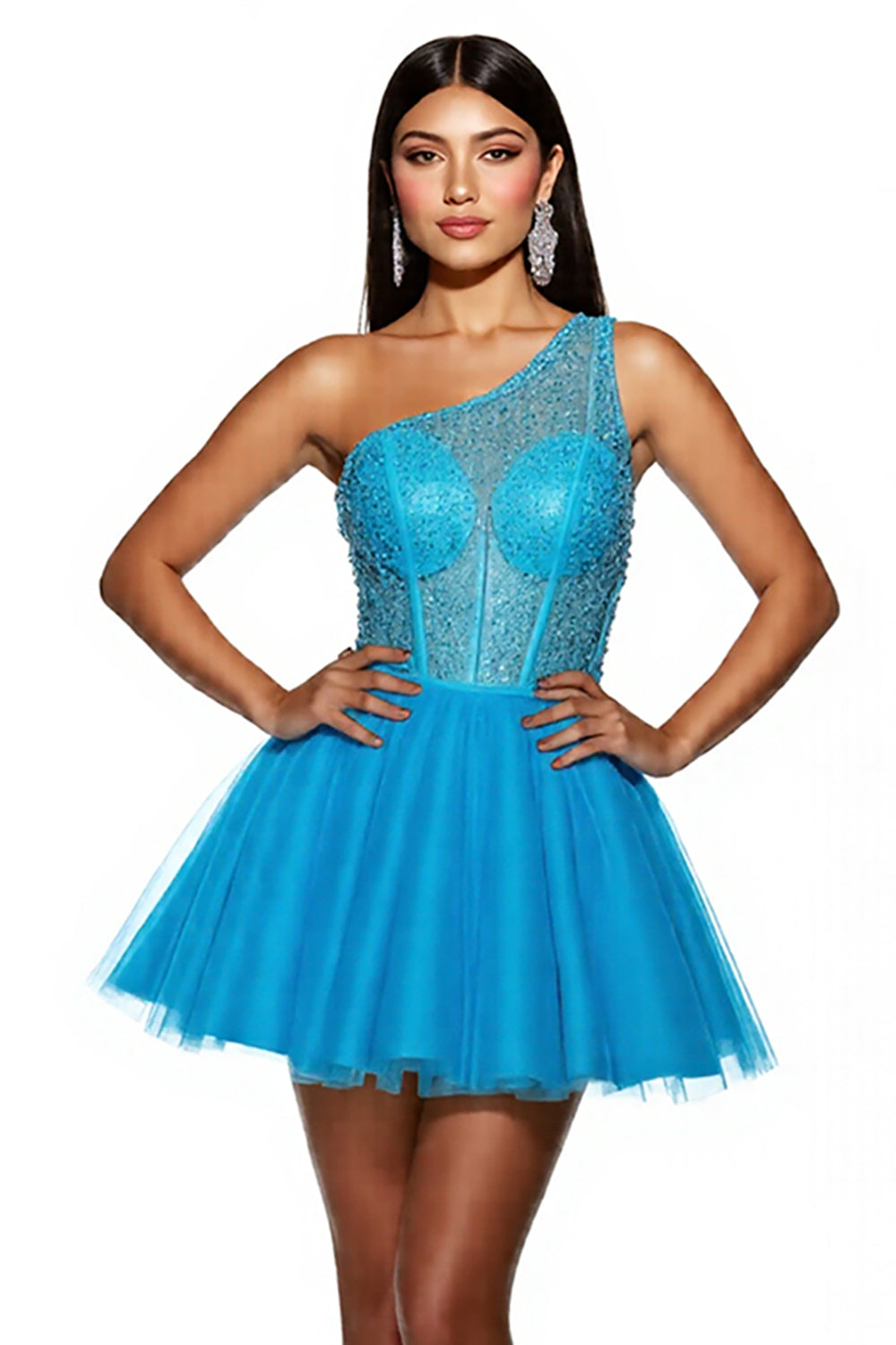 Sparkly Sky Blue A Line Corset One Shoulder Short Tulle Homecoming Dress