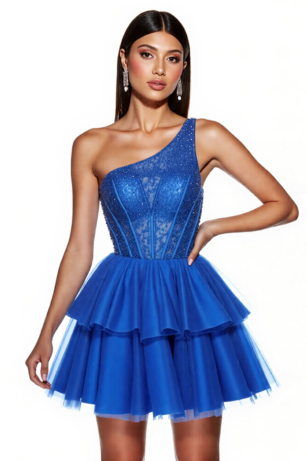 Royal Blue A Line Corset One Shoulder Tiered Beaded Short Tulle Homecoming Dress