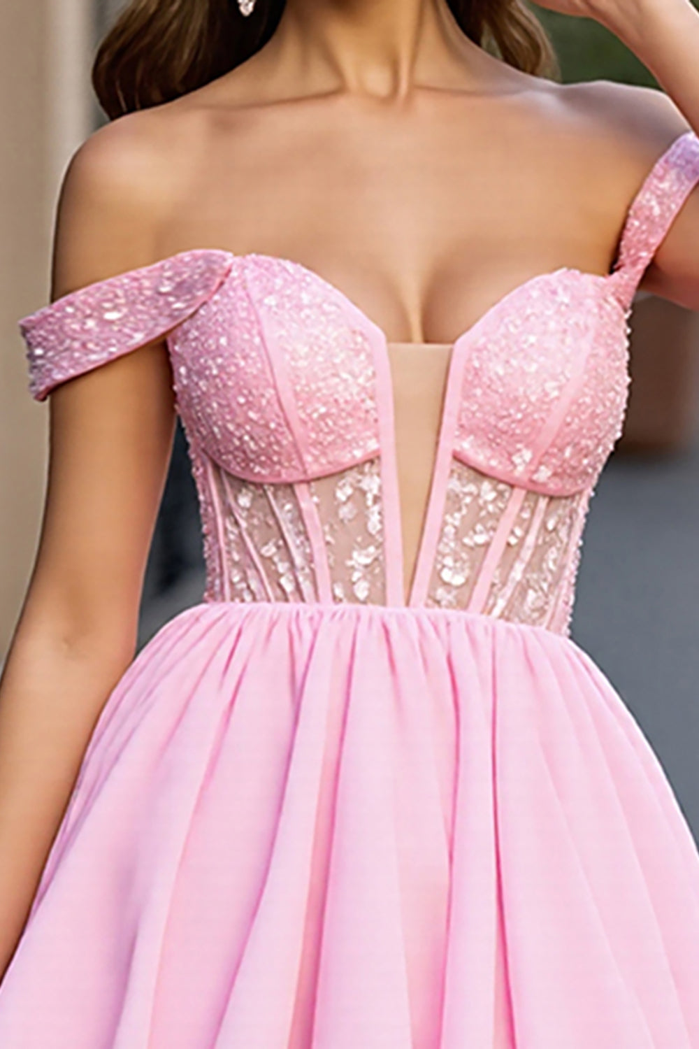 Sparkly Pink A Line Tulle Off the Shoulder Short Corset Homecoming Dress