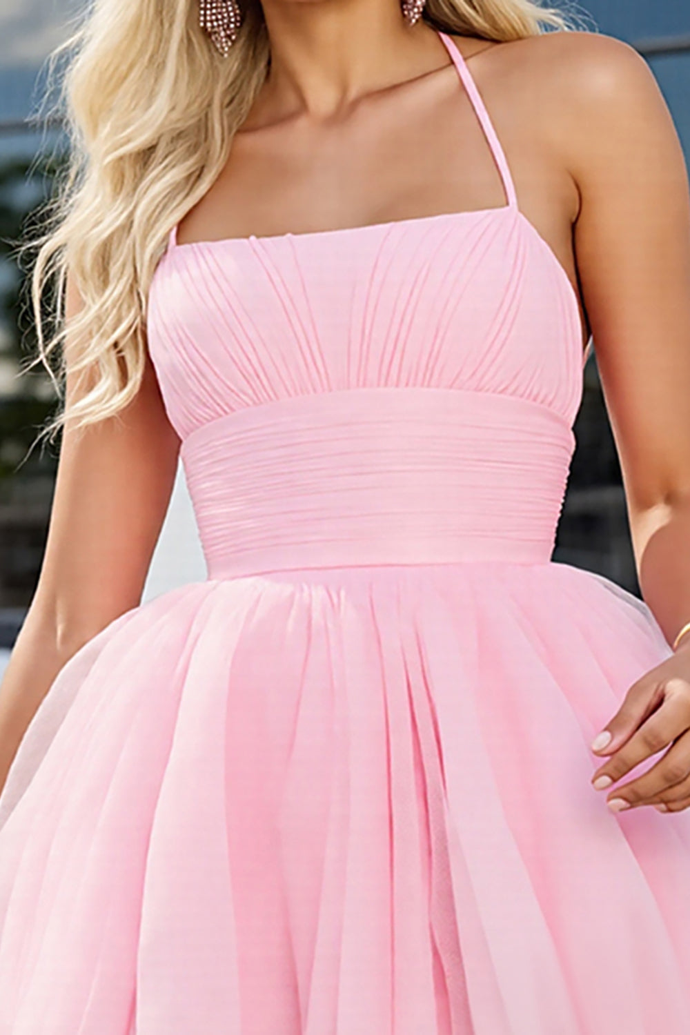 Pink A Line Ruched Spaghetti Straps Short Tulle Homecoming Dress