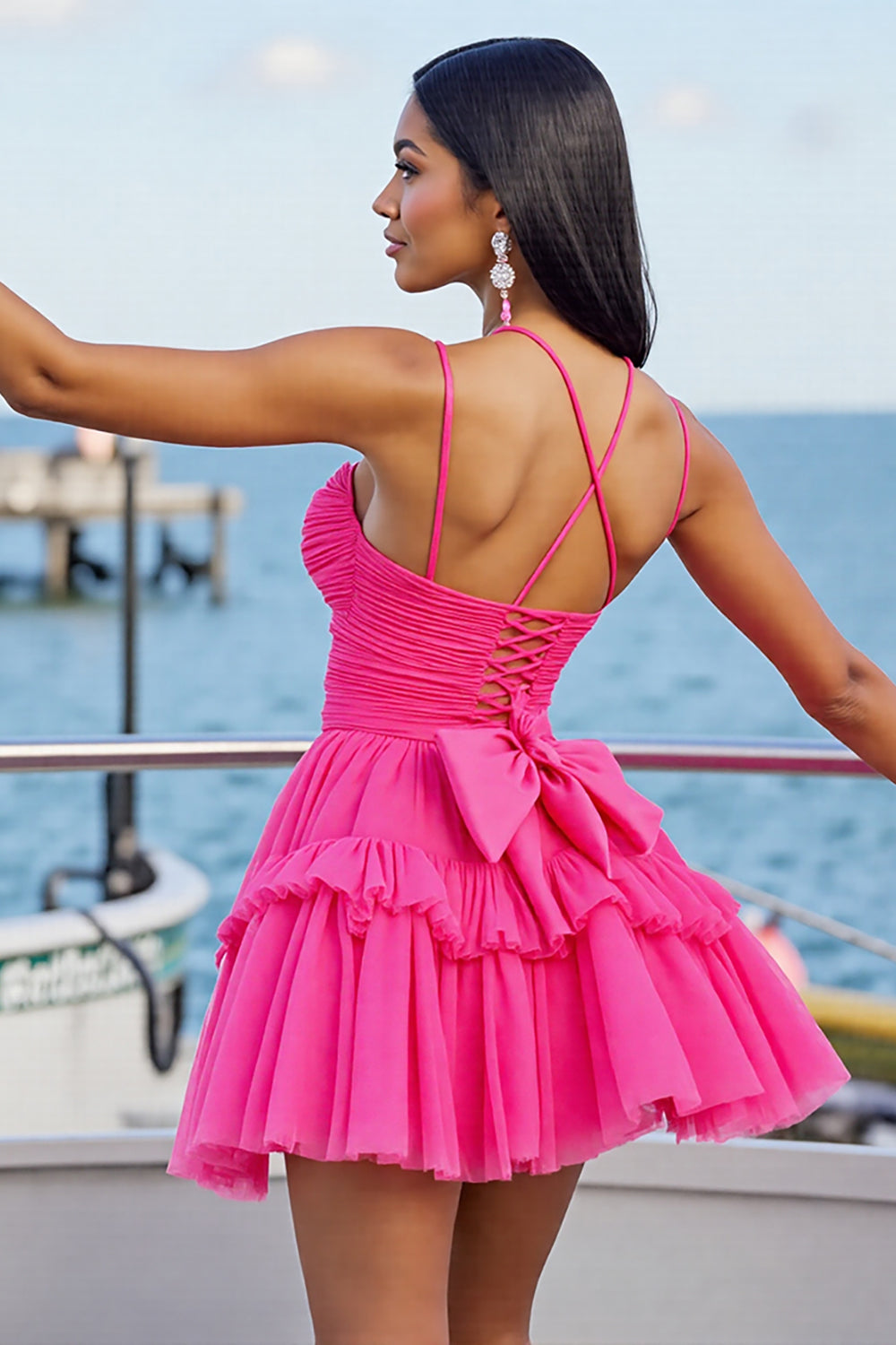 Fuchsia Tulle A Line Short Homecoming Dress with Ruffles