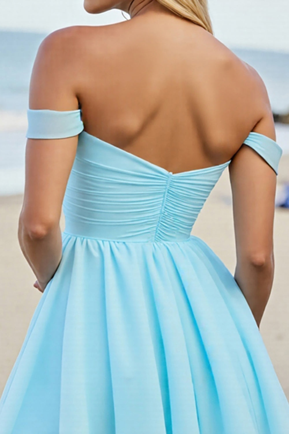 Light Blue Tulle A Line Off the Shoulder Short Homecoming Dress