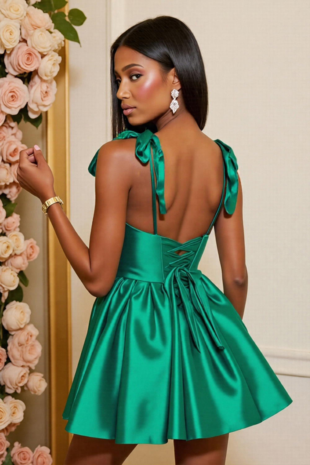 Dark Green A Line Satin Corset Short Homecoming Dress