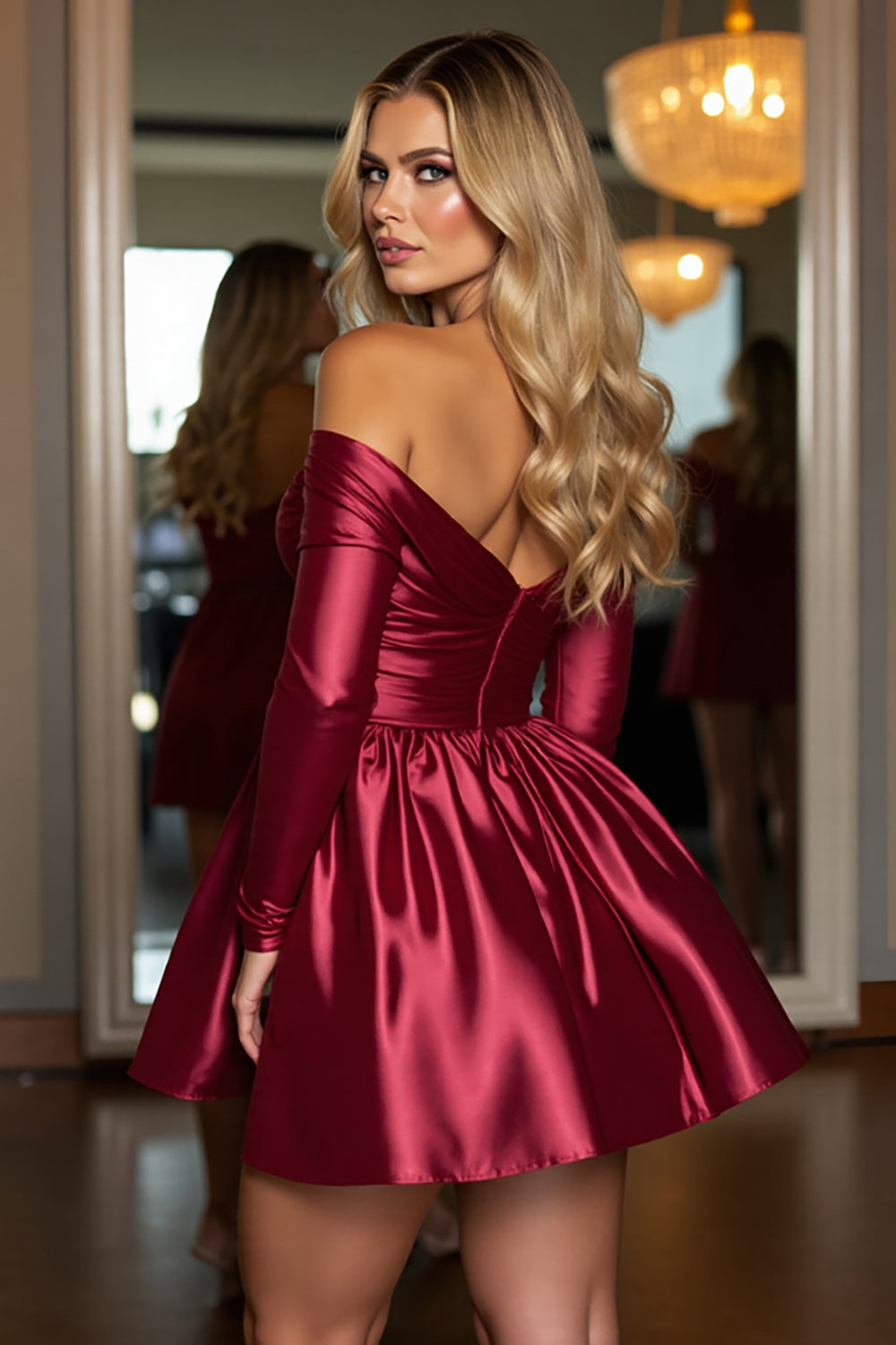 Sparkly Burgundy A Line Satin Short Homecoming Dress with Beading