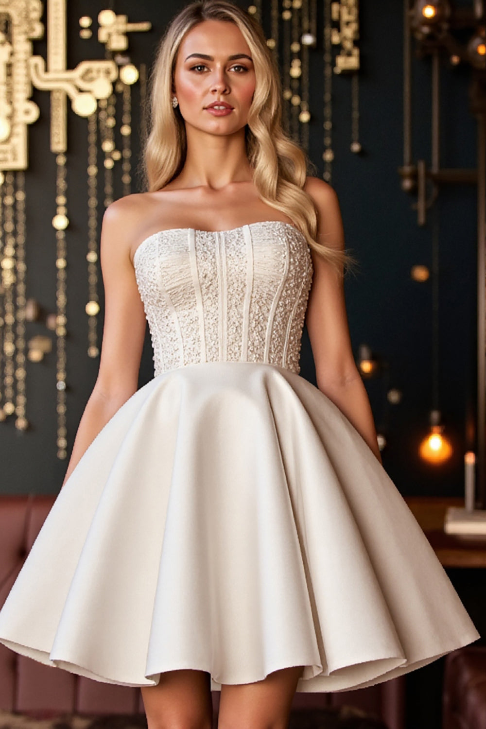 Ivory Satin A Line Short Corset Graduation Dress with Appliques