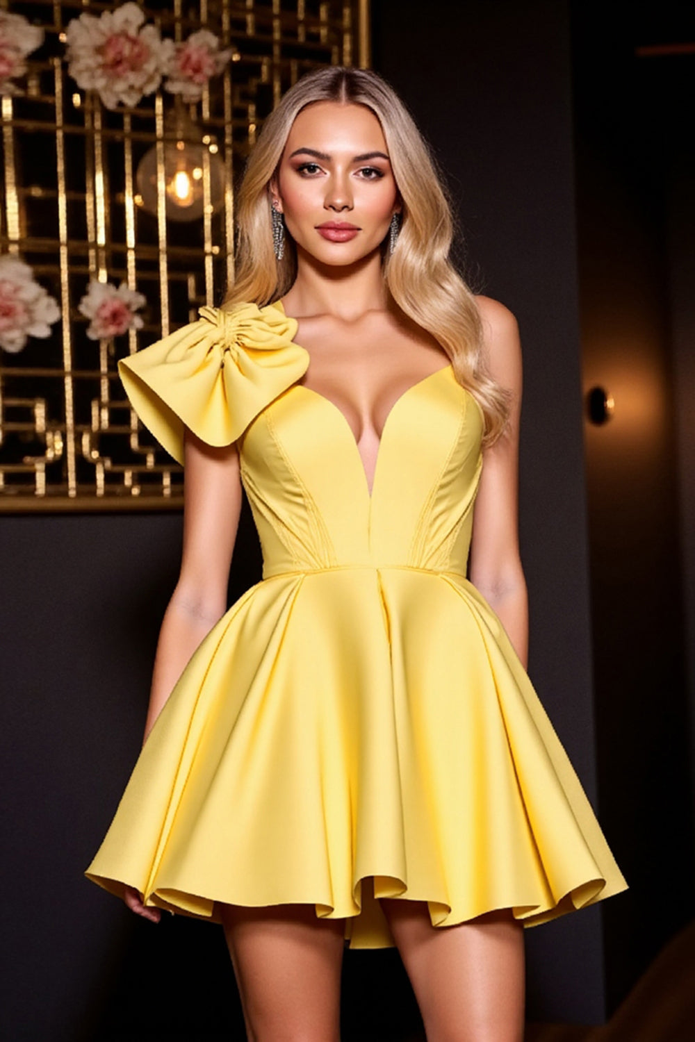Yellow Satin A Line Short Homecoming Dress with Ruffles
