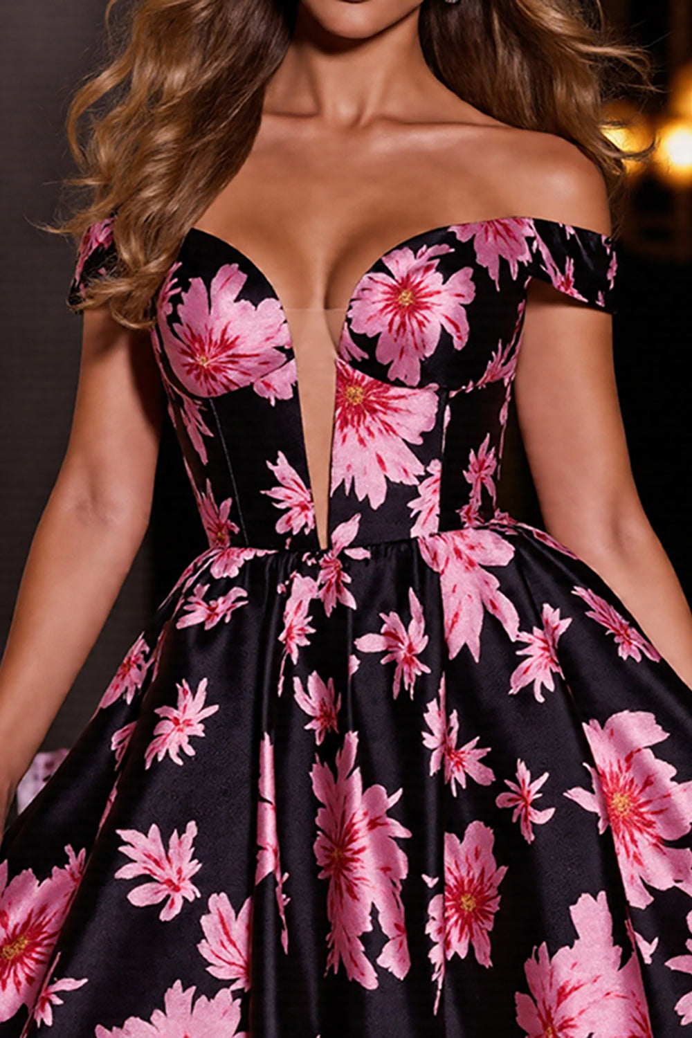 Black and Pink Floral A Line Short Satin Homecoming Dress