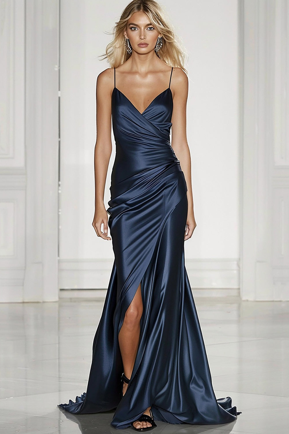 Dark Blue Satin Mermaid Spaghetti Straps Long Formal Dress with Slit