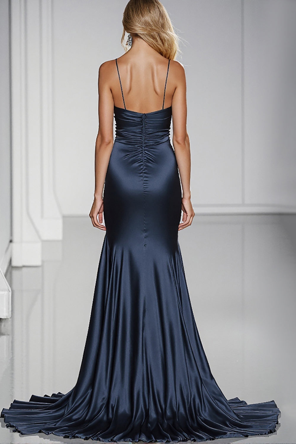 Dark Blue Satin Mermaid Spaghetti Straps Long Formal Dress with Slit