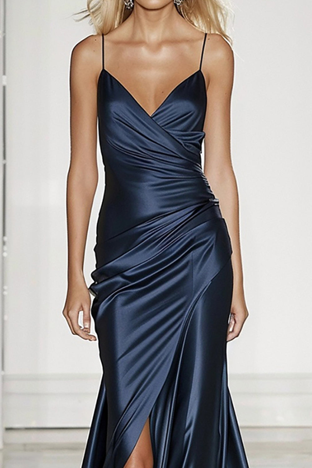 Dark Blue Satin Mermaid Spaghetti Straps Long Formal Dress with Slit
