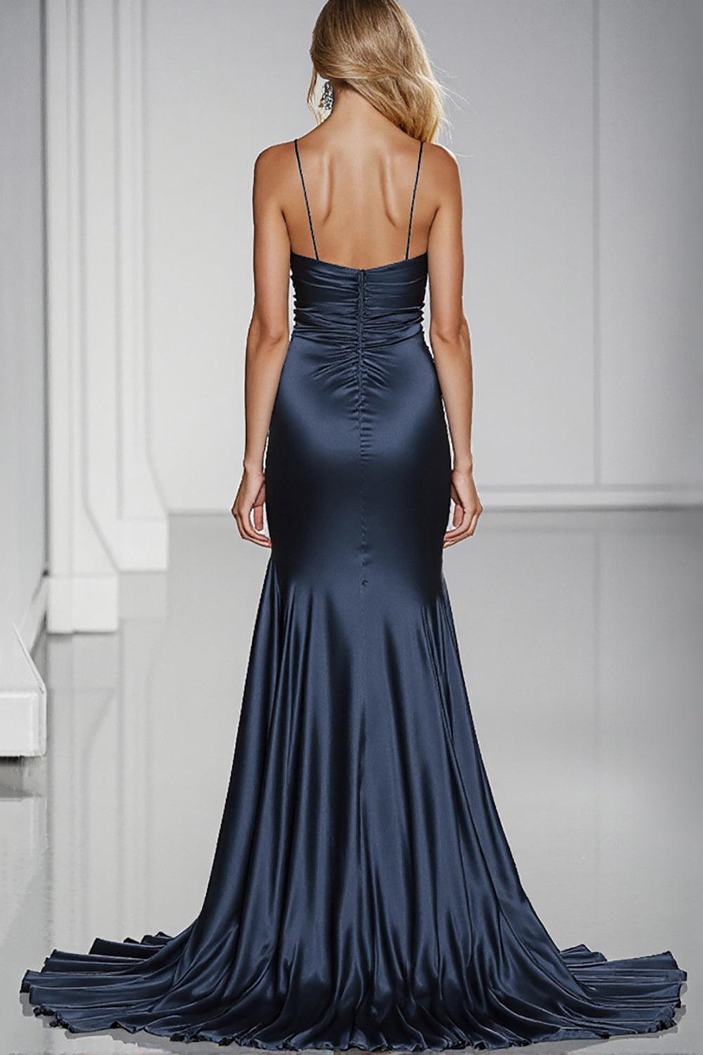 Dark Blue Satin Spaghetti Straps Mermaid Long Formal Dress with Slit