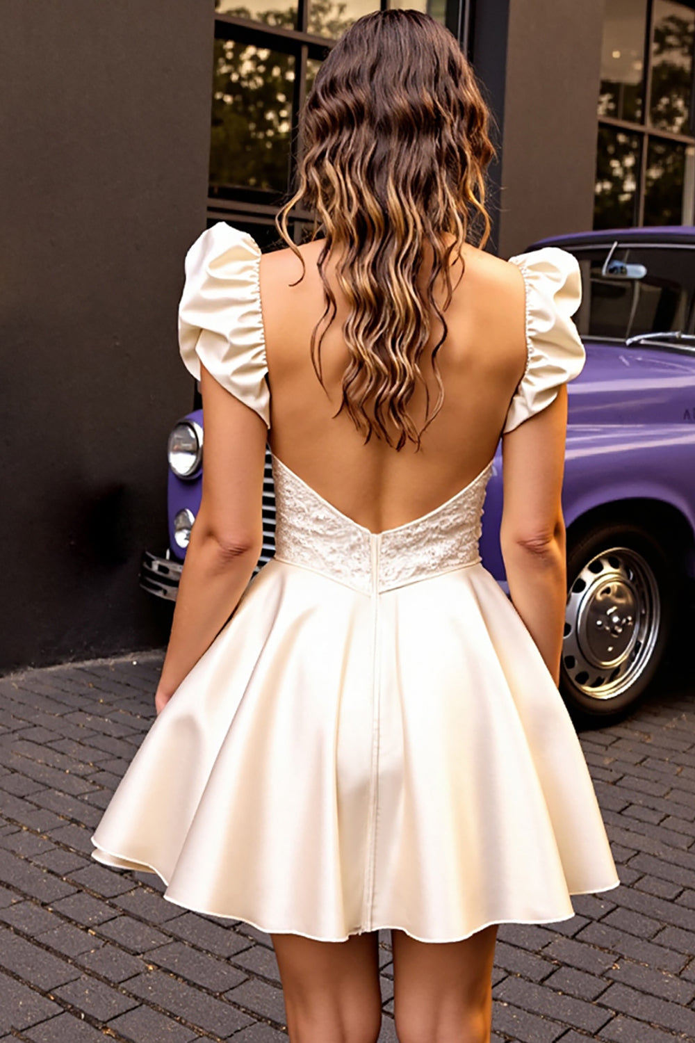 Ivory Satin Ruffled Corset Short Graduation Dress