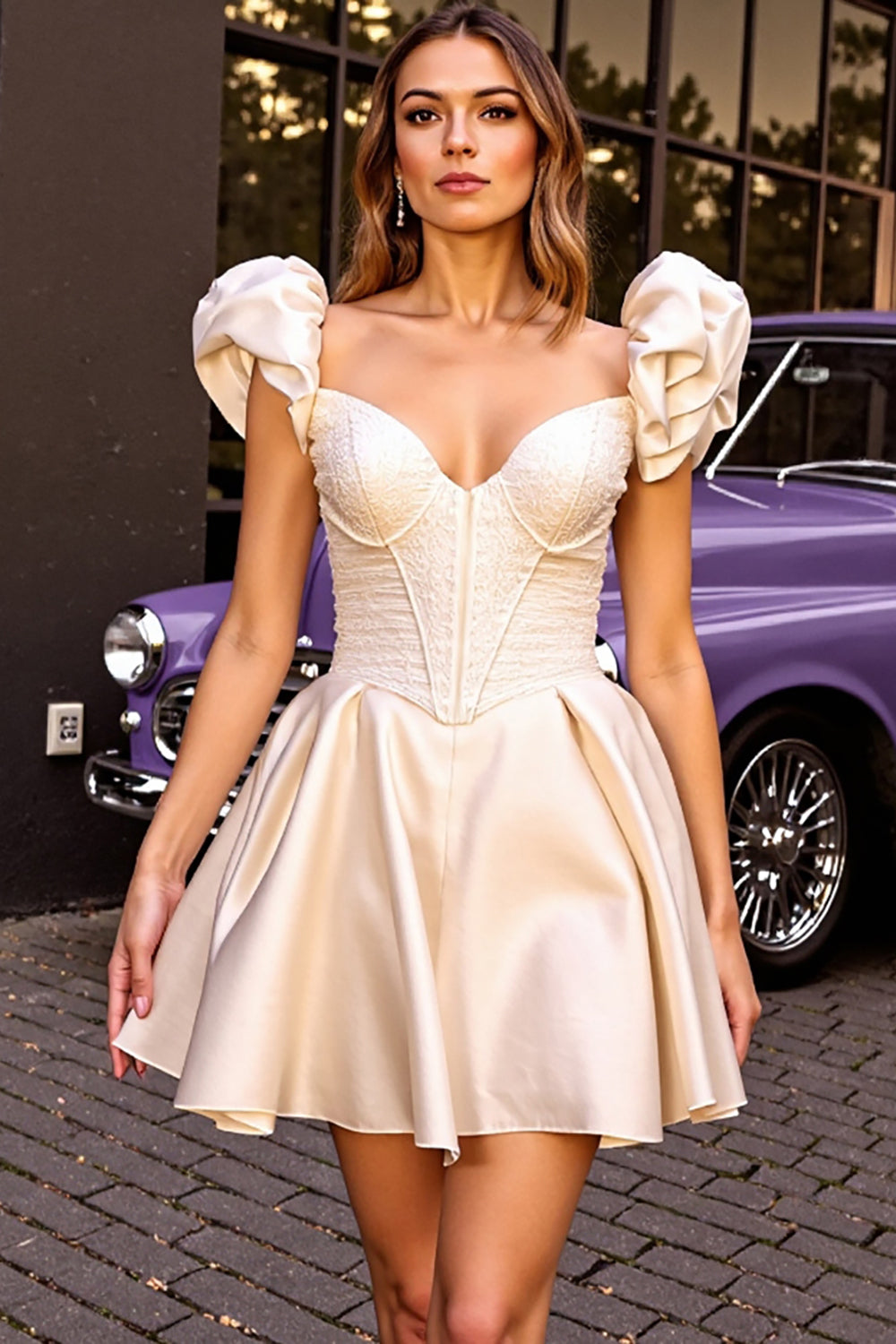 Ivory Satin Ruffled Corset Short Graduation Dress