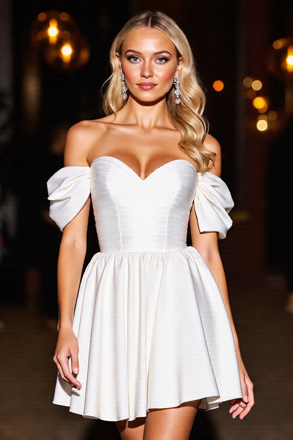 White Satin A Line Off the Shoulder Short Graduation Dress with Ruffles