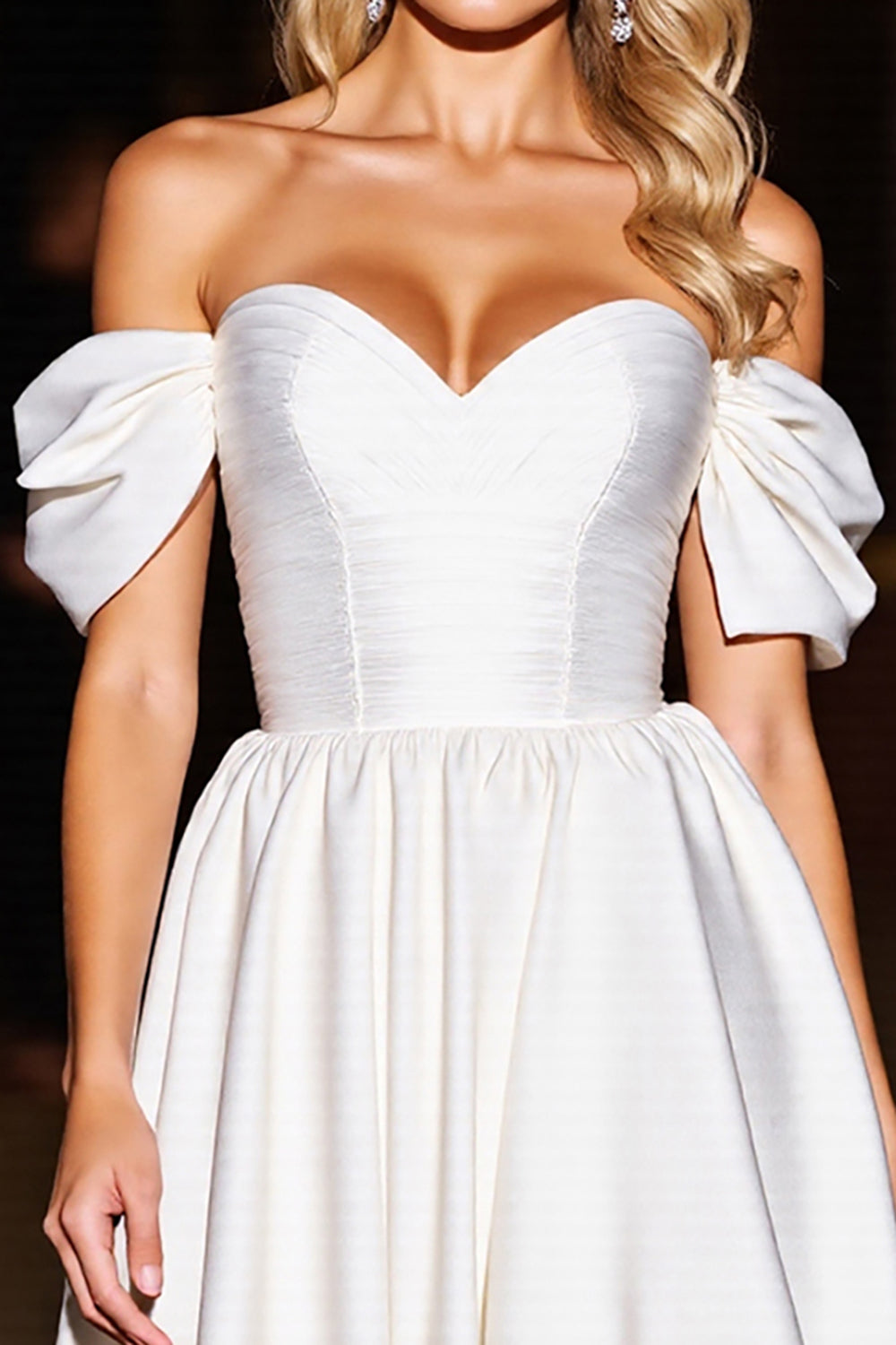 White Satin A Line Off the Shoulder Short Graduation Dress with Ruffles