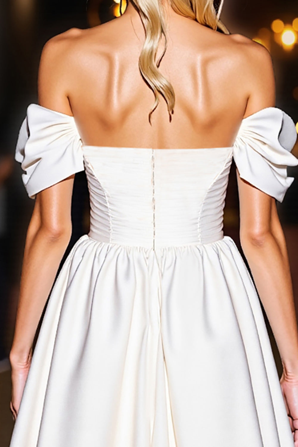 White Satin A Line Off the Shoulder Short Graduation Dress with Ruffles