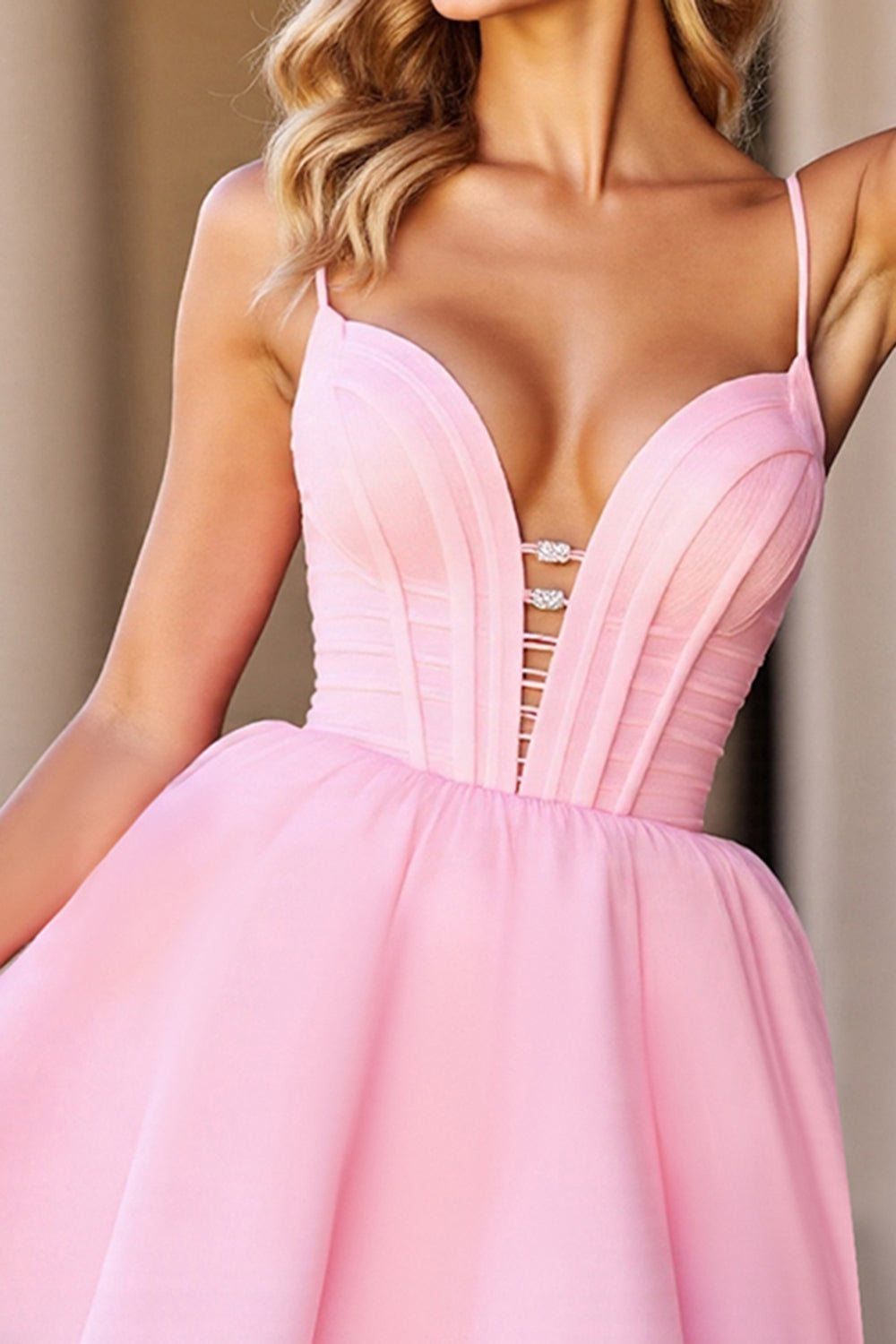Pink Corset A Line Deep V-Neck Short Homecoming Dress