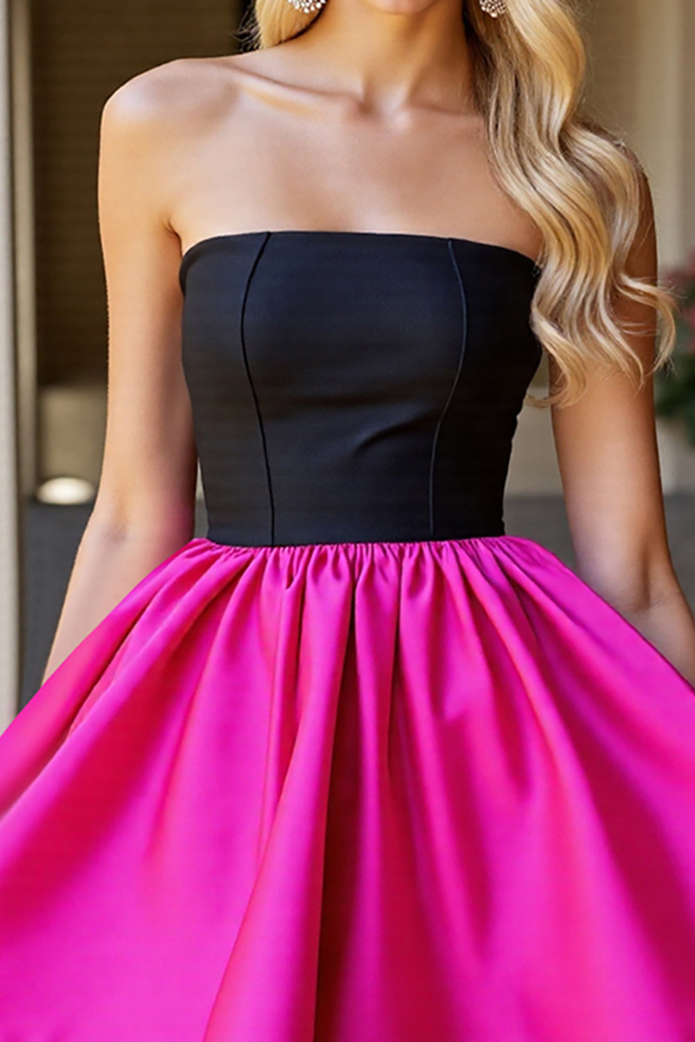 Black and Fuchsia Satin Strapless A Line Short Homecoming Dress