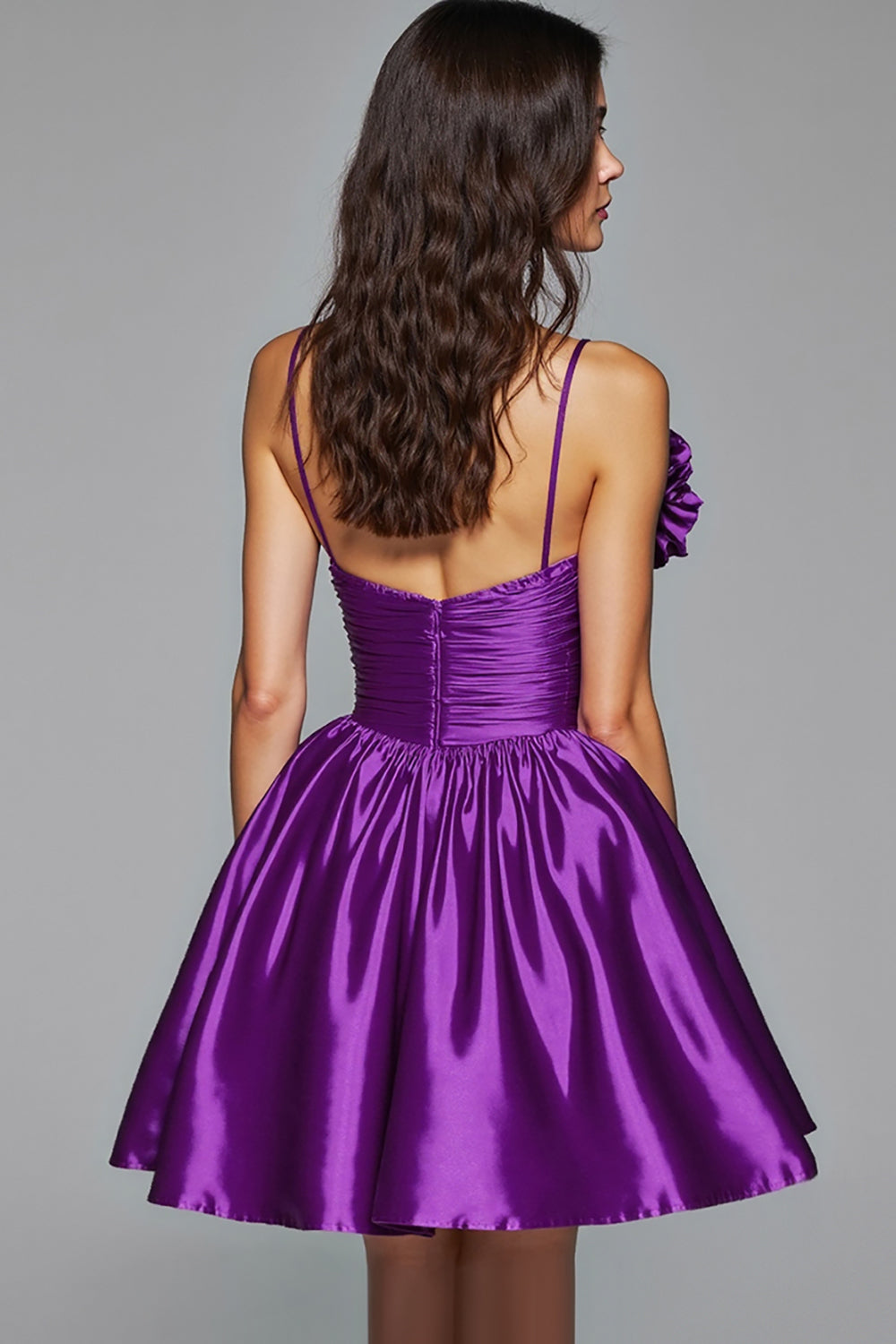 Dark Purple Floral A Line Satin Short Homecoming Dress