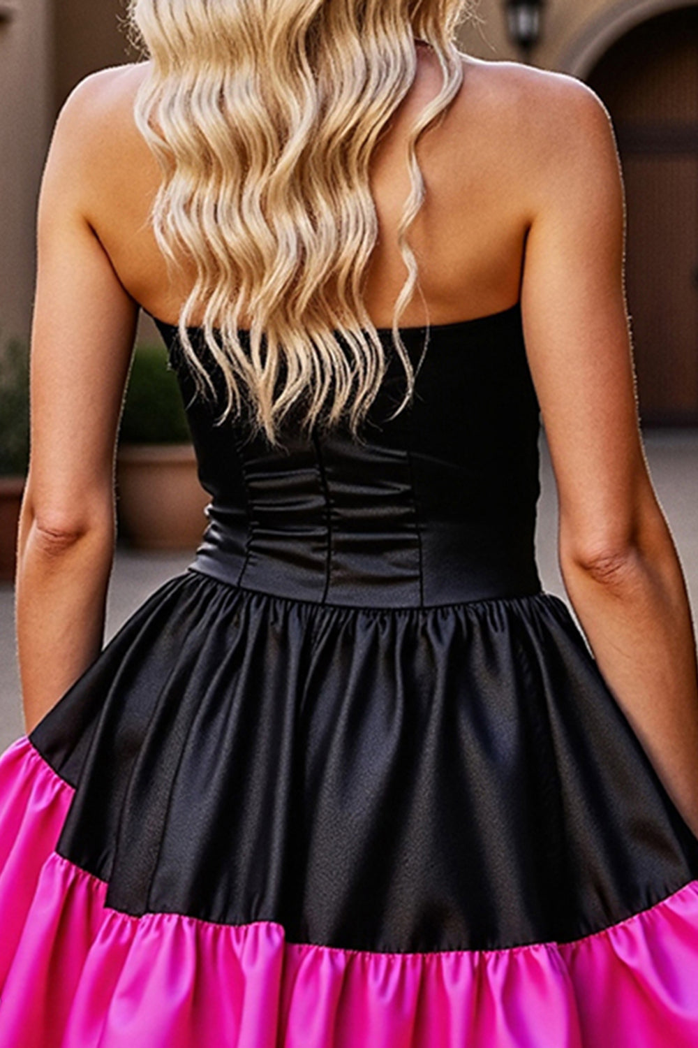 Black and Fuchsia Satin Corset Strapless Short Homecoming Dress