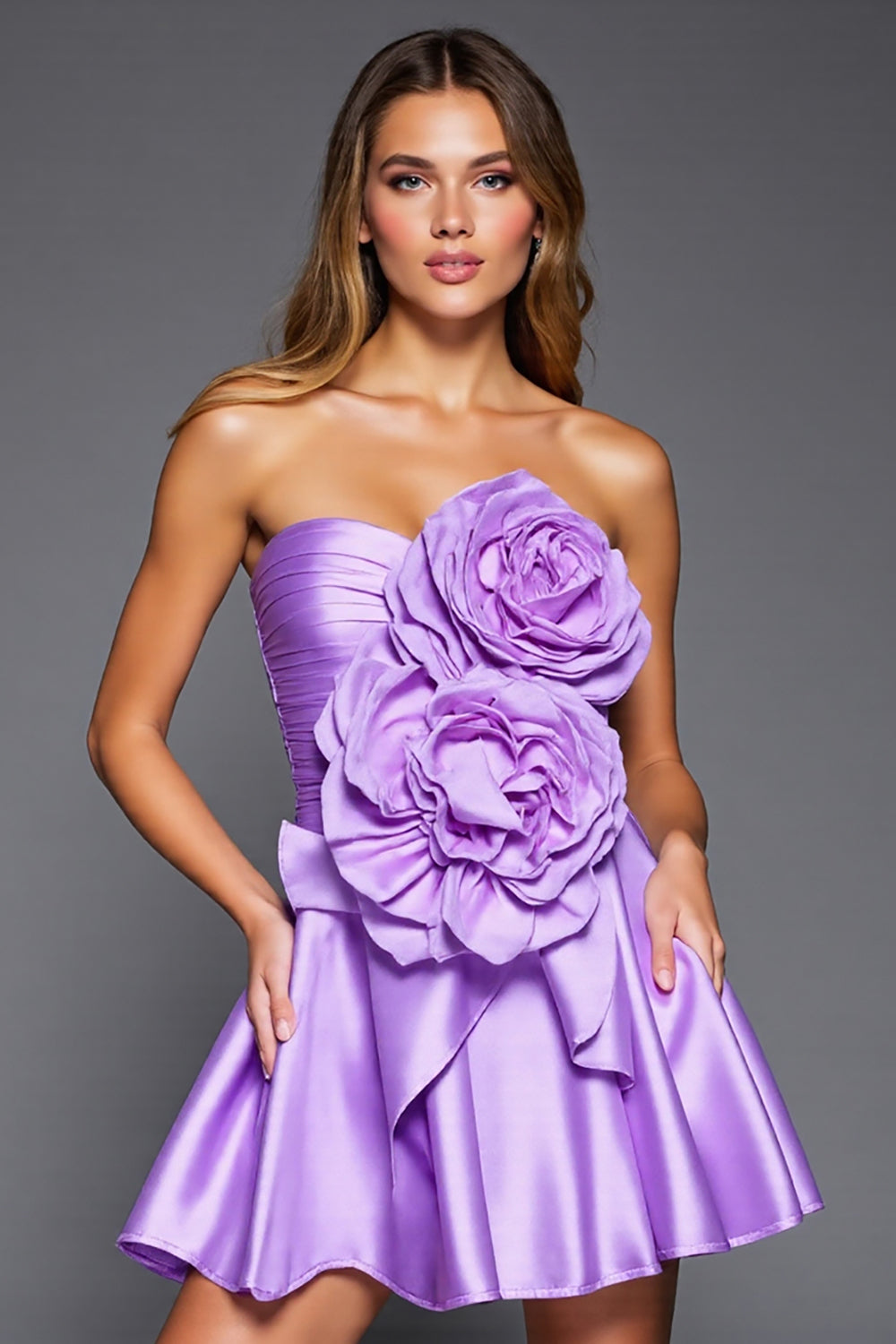 Purple Strapless Short Satin Homecoming Dress with 3D Flowers