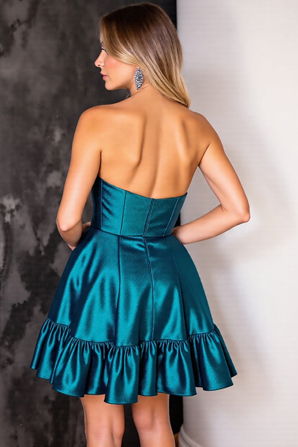 Dark Blue Strapless Corset A Line Short Satin Homecoming Dress with Ruffles