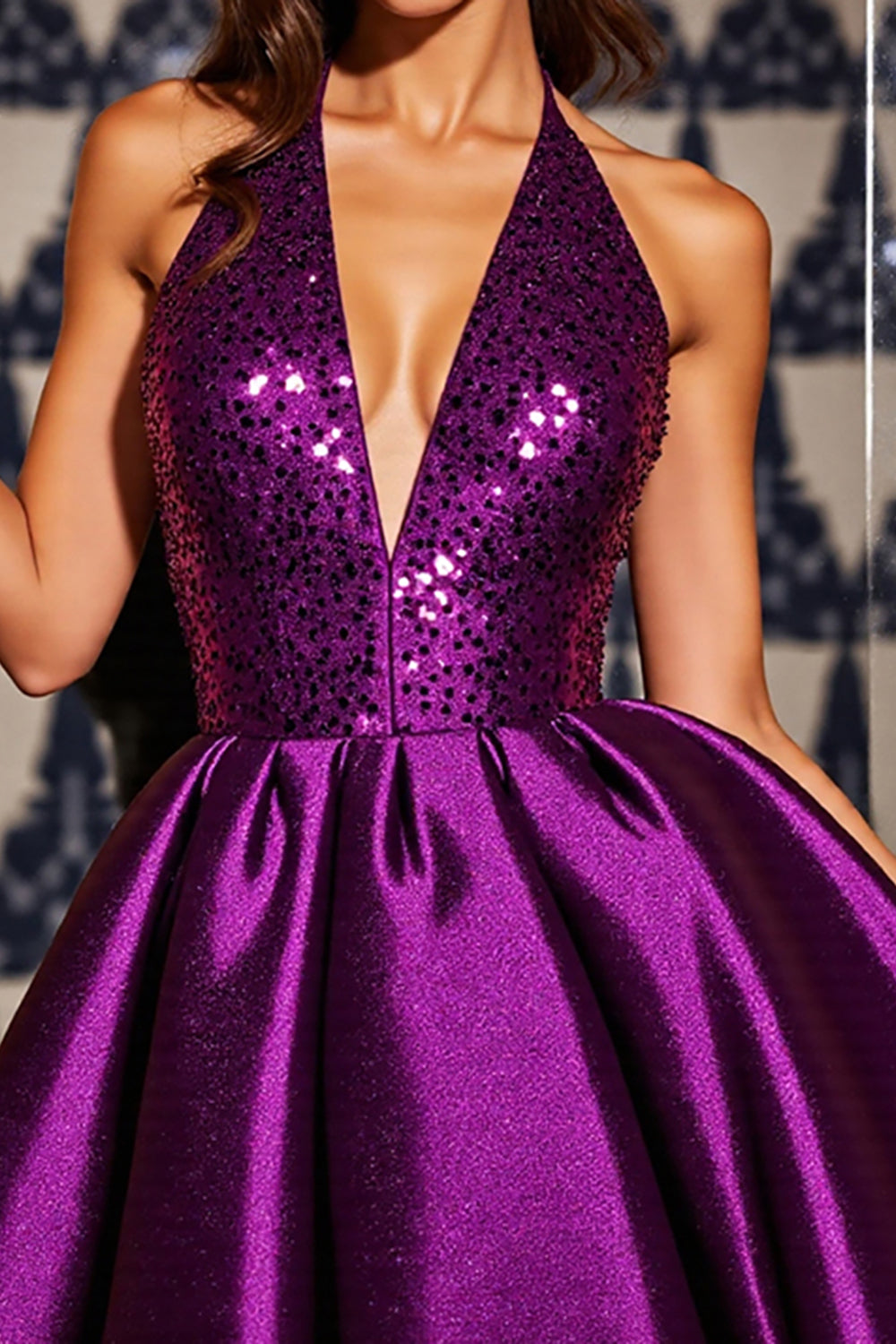 Sparkly Dark Purple Sequin A Line Halter Short Homecoming Dress