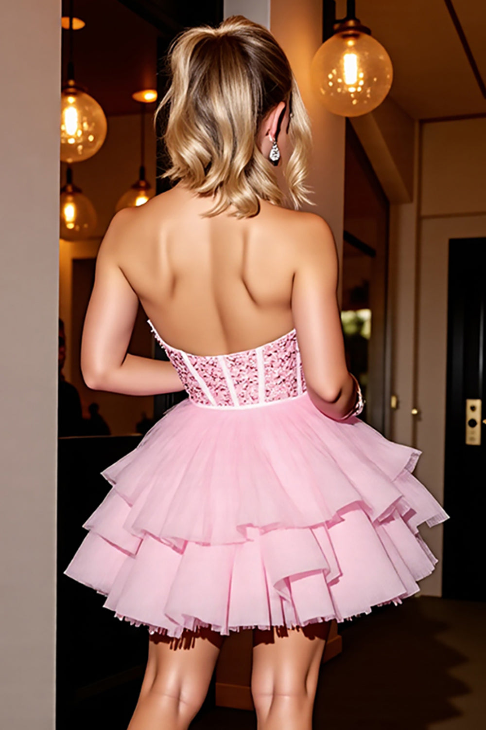Sparkly Pink Corset Tulle Short Homecoming Dress with Beading