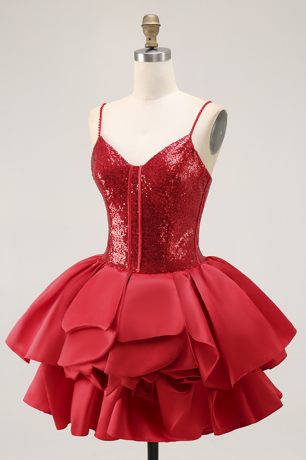 Sparkly Red Sequin Tiered A Line Short Corset Homecoming Dress with Ruffles