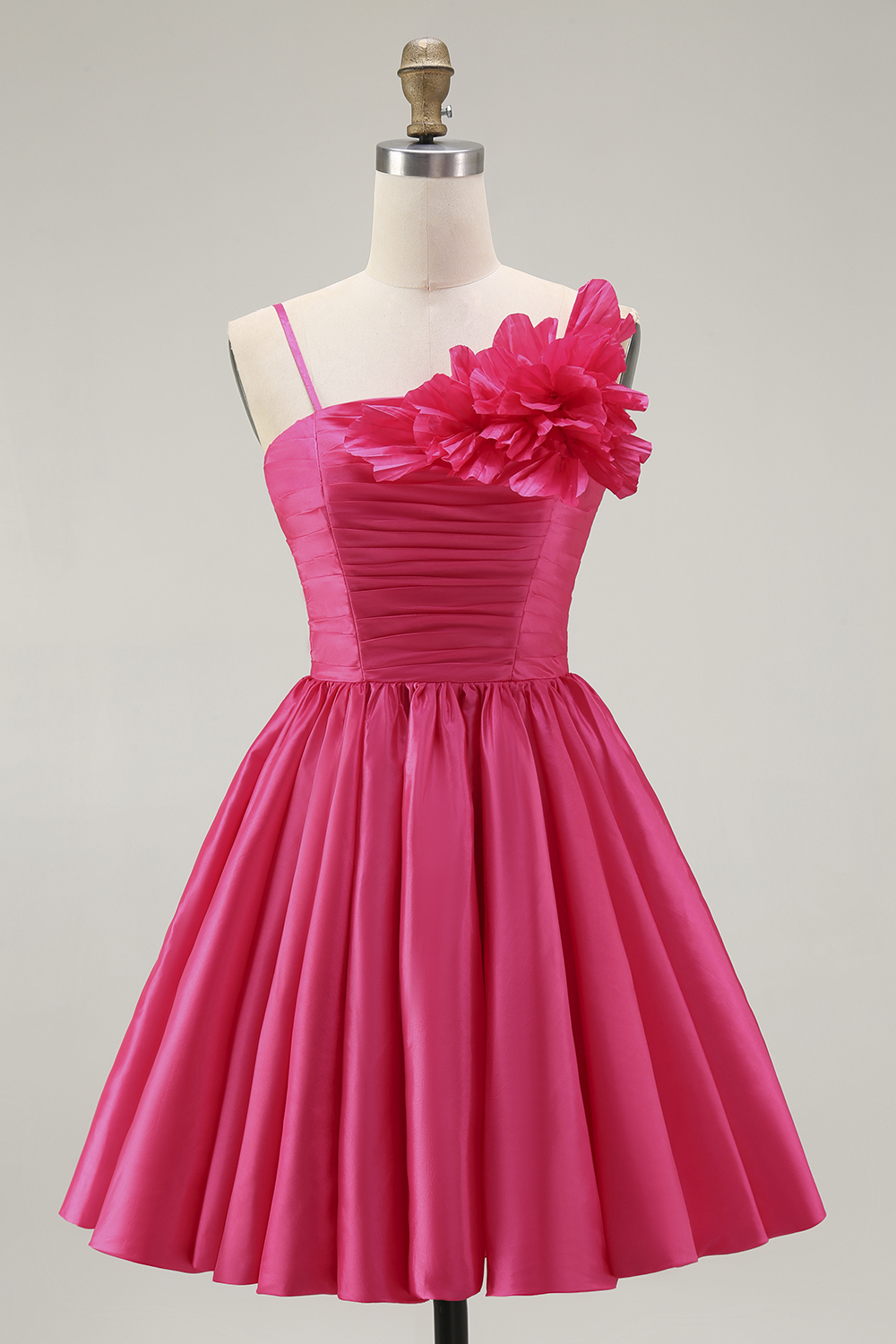 Fuchsia Satin Floral A Line Short Homecoming Dress with Ruffles