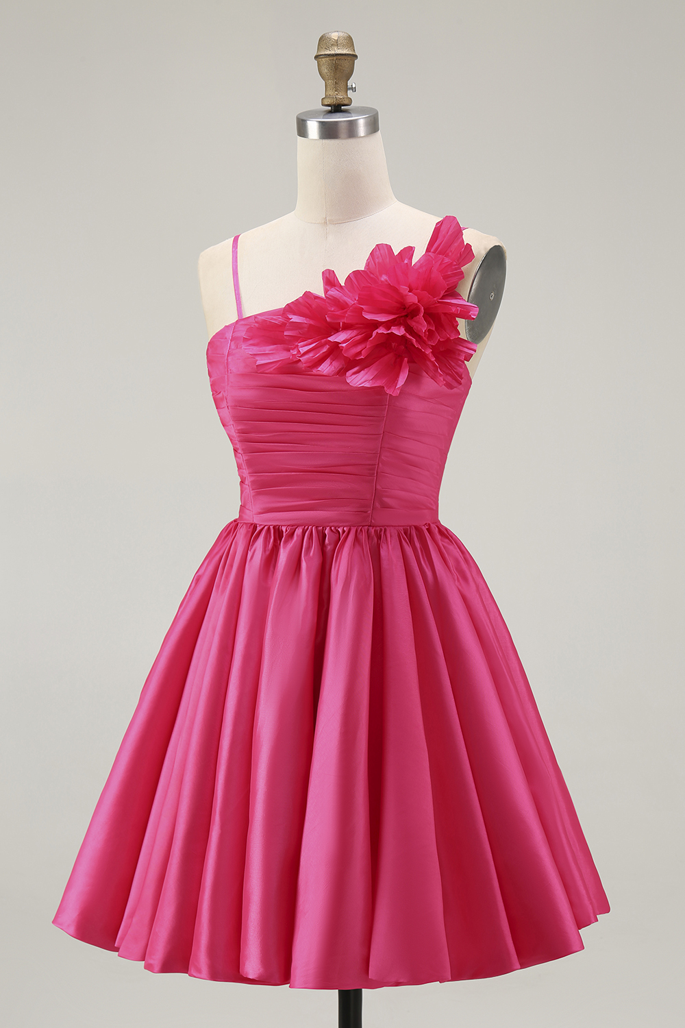 Fuchsia Satin Floral A Line Short Homecoming Dress with Ruffles