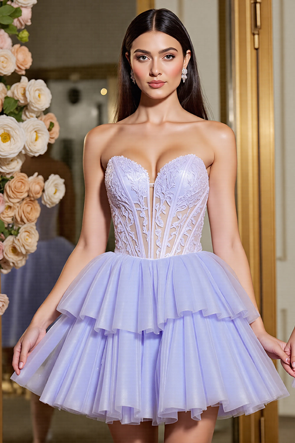 Lavender Tulle Corset Tiered A Line Short Homecoming Dress with Appliques