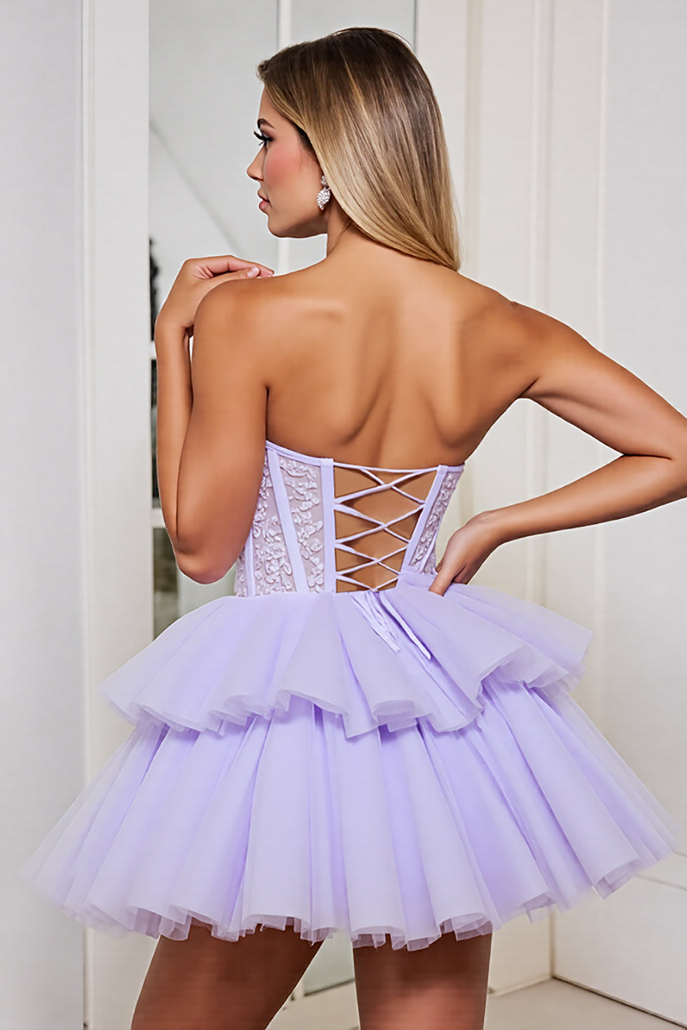 Lavender Corset Tulle A Line Tiered Strapless Short Homecoming Dress