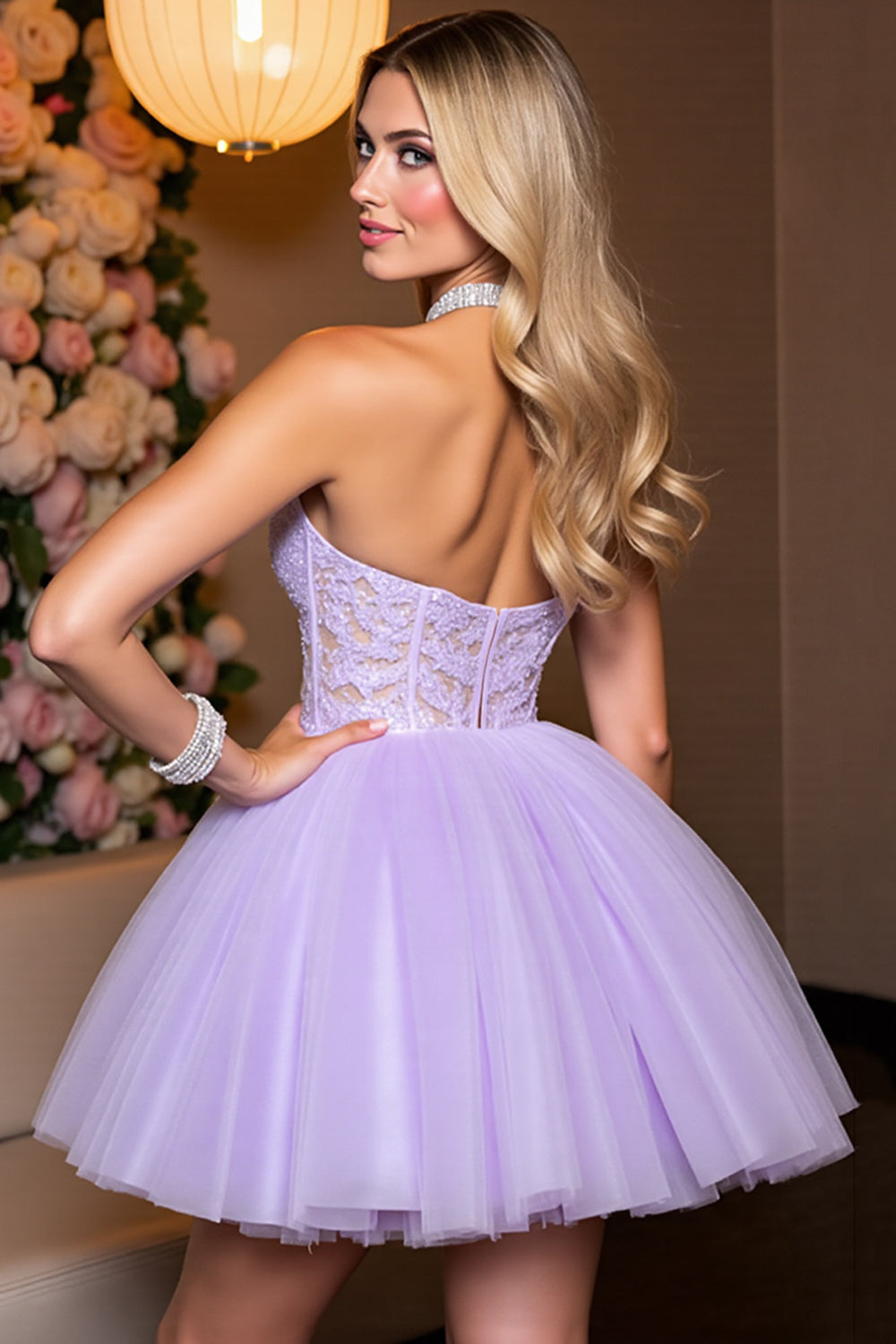 Lilac Tulle A Line Corset Halter Short Homecoming Dress