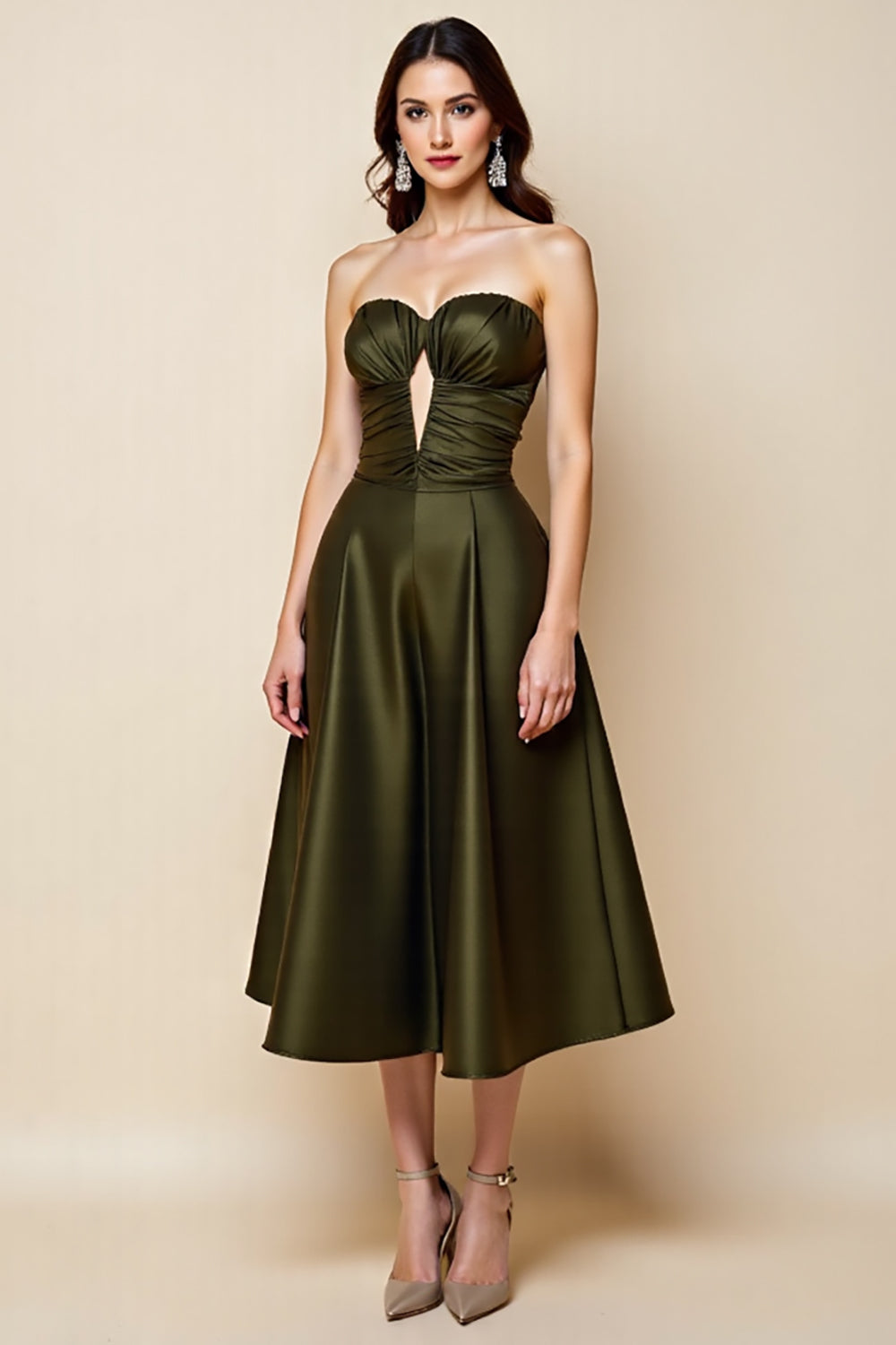 Olive Satin A Line Strapless Keyhole Midi Homecoming Dress