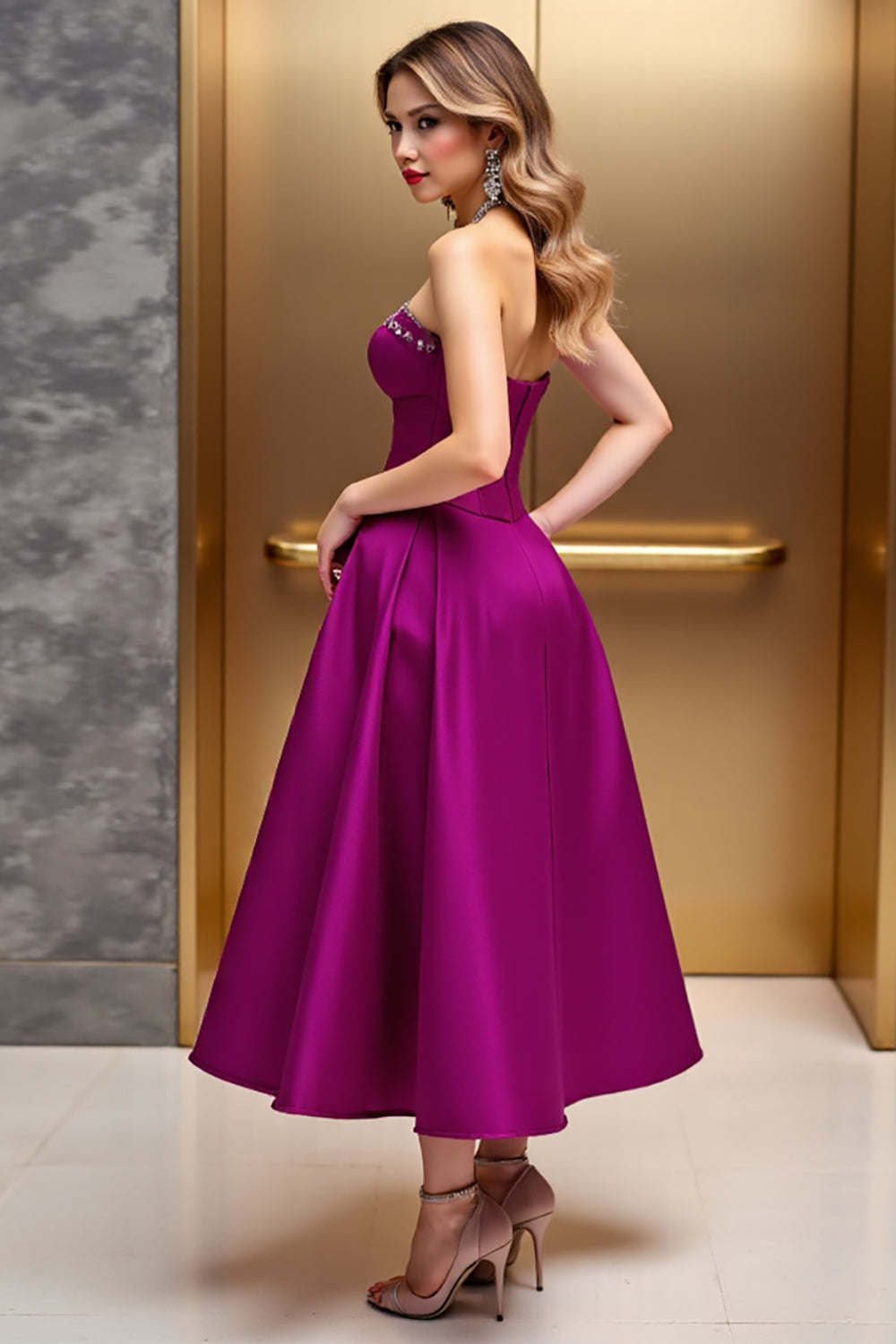 Fuchsia Corset A Line Satin Midi Cocktail Dress with Beading